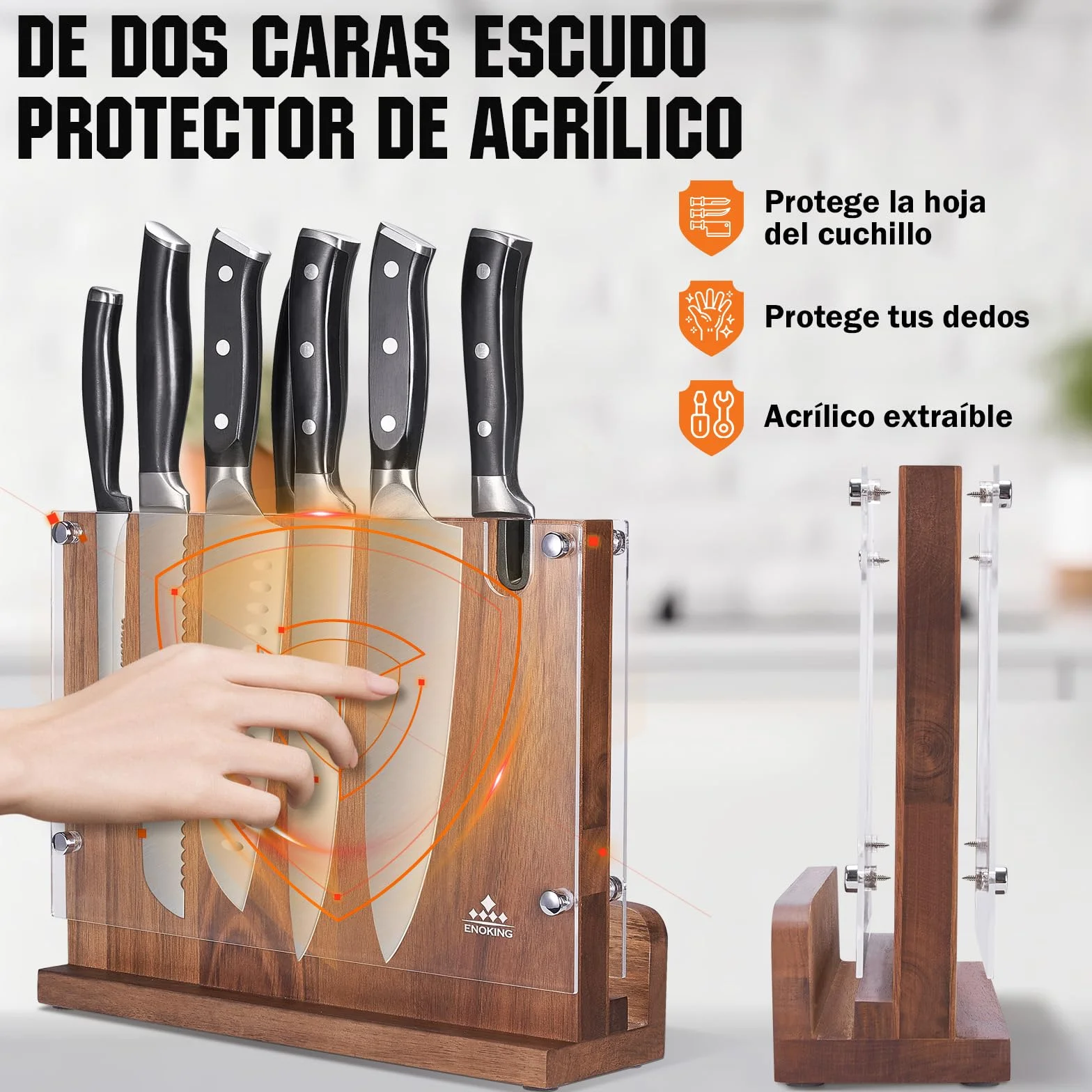 ENOKING Porta Cuchillos Magnético con Afilador, Soporte Doble Lado con Escudo Acrílico, Organizador de Madera de Acacia