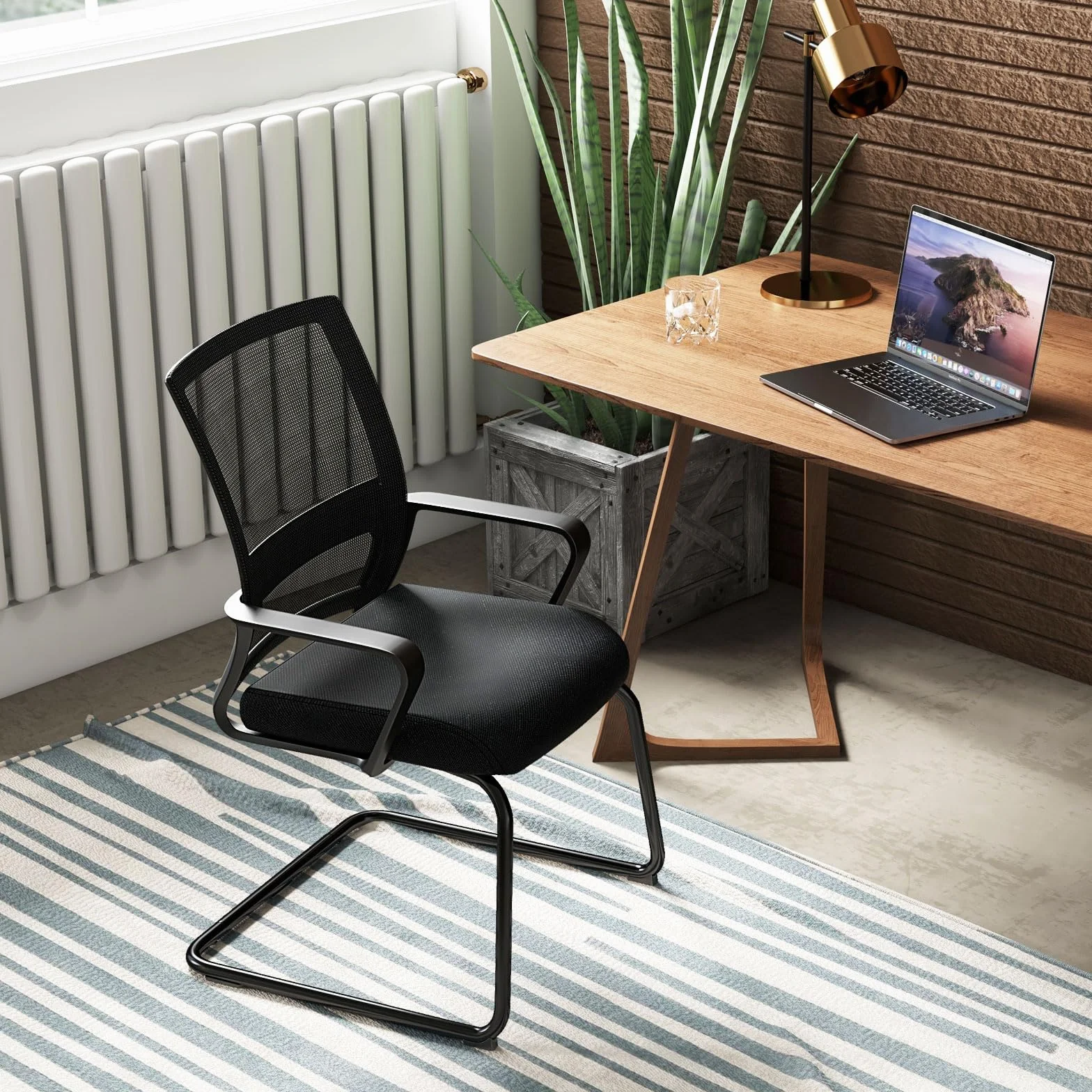 GIANTEX Juego de 2 Sillas de Conferencia con Respaldo y Reposabrazos, Silla de Recepción con Soporte Lumbar, Malla Transpirable, para Oficina, Sala de Espera y Conferencias, Negro