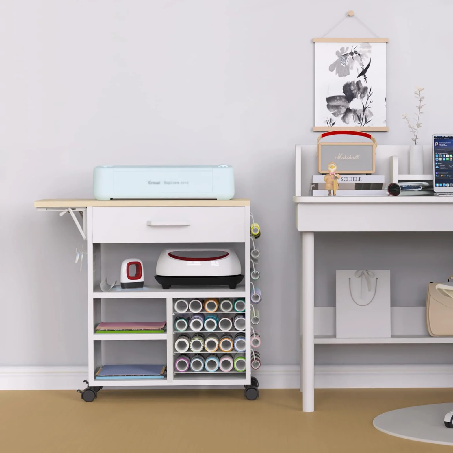 Carrito de manualidades resistente con cajones y estantes ajustables, estación de trabajo móvil rodante para Cricut Maker 3, Explore 3, vinilo, costura, ruedas de bloqueo, fácil montaje, organizador