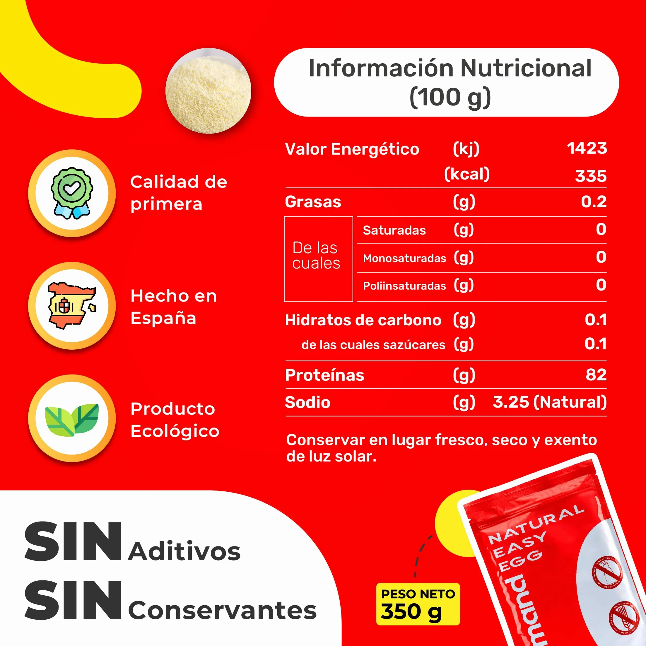 Clara de Huevo en Polvo SERMAND | Albúmina de Huevo Sin Aditivos Sin Lactosa | Bolsa Zip 350 GR