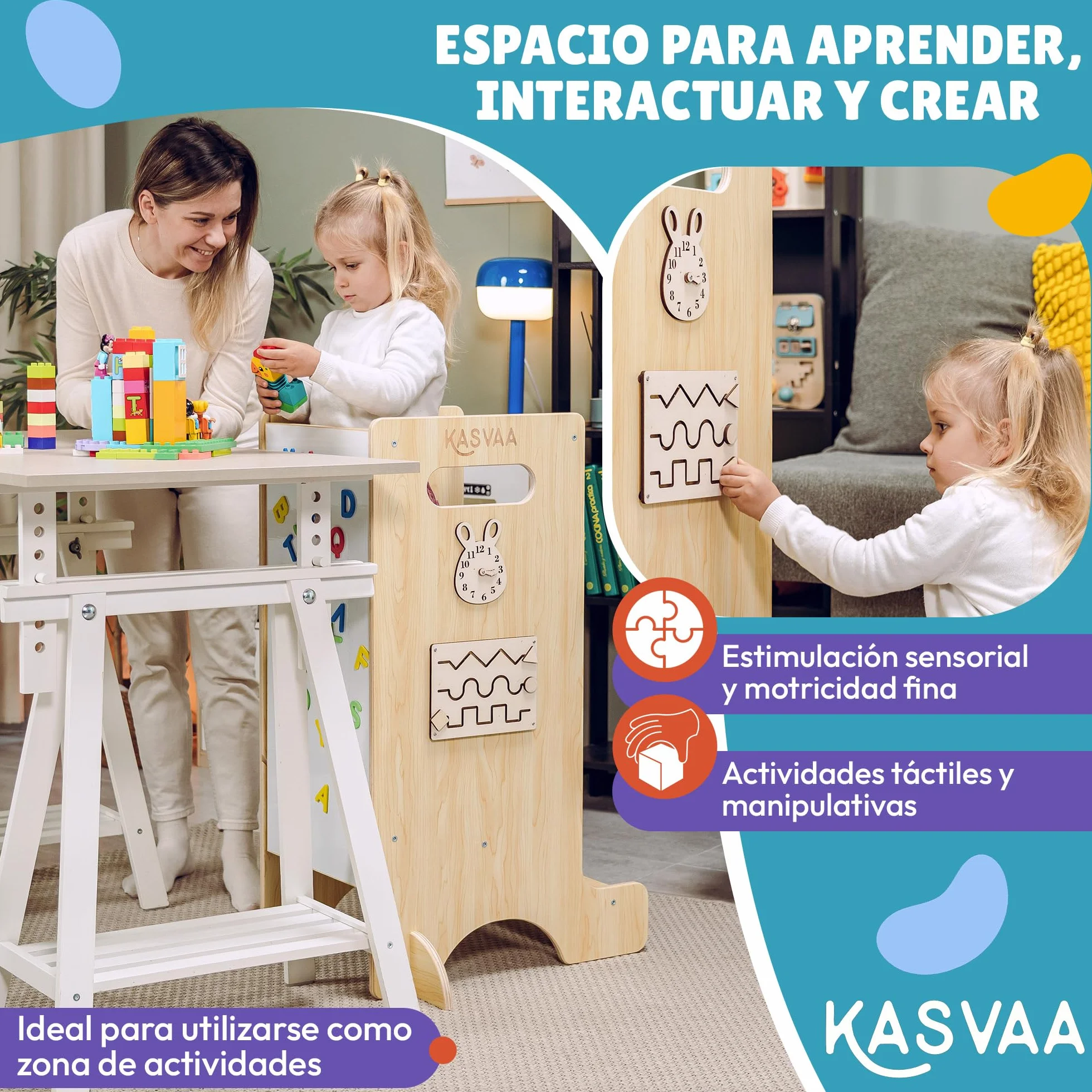 Torre de Aprendizaje Montessori 3 en 1 con Tobogán, Pizarra Magnética y 4 Juegos Laterales – Madera Multicapa, hasta 60 kg