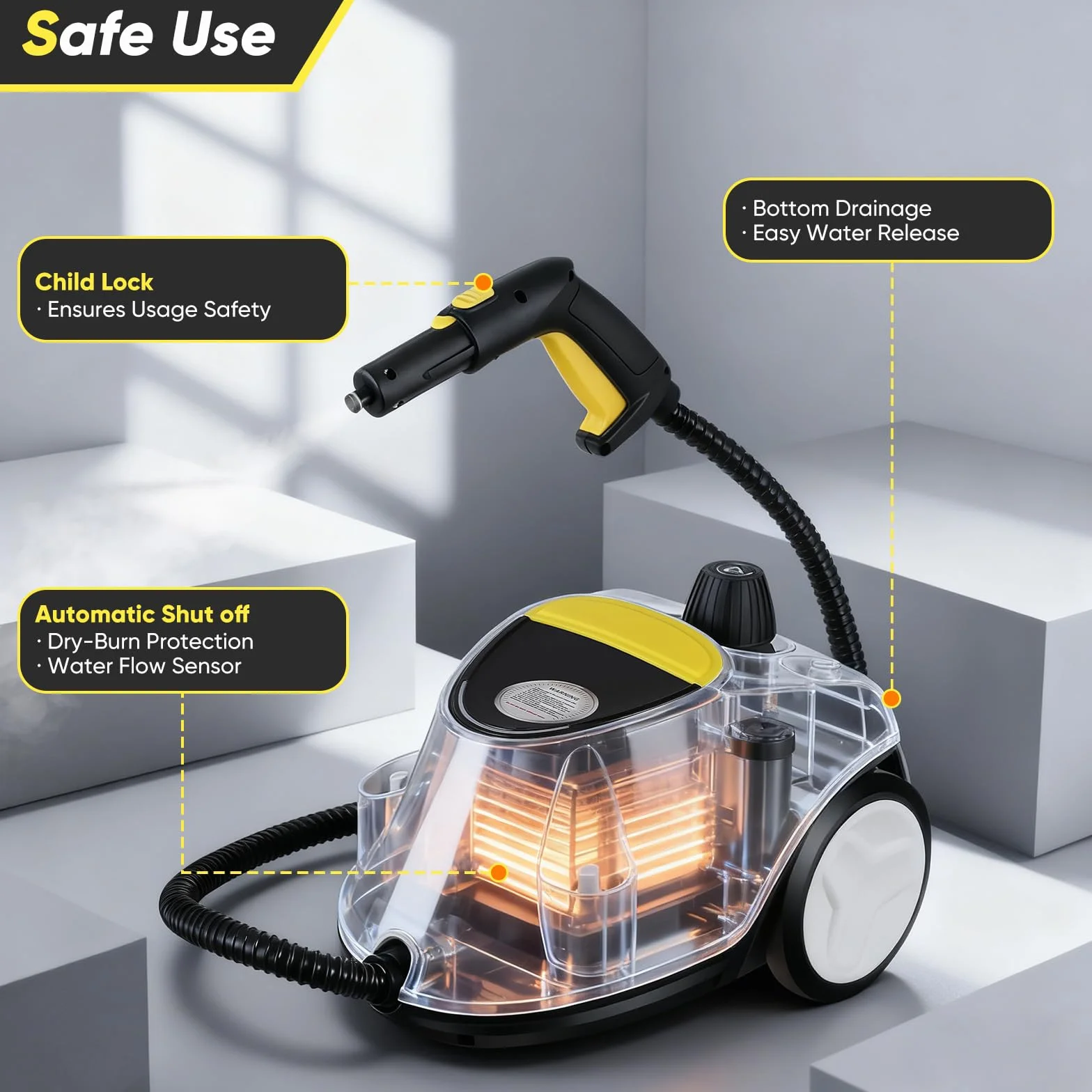 Limpiador de Vapor 2100W 2,1L Acero Inoxidable 304 Presión 5 Bares 105°C