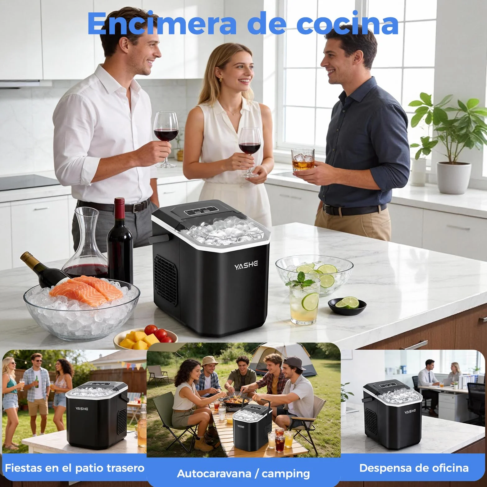 YASHE Máquina de Hielo de Encimera, 12 kg/día, 9 Cubitos en 6 Min, Portátil, Autolimpiante