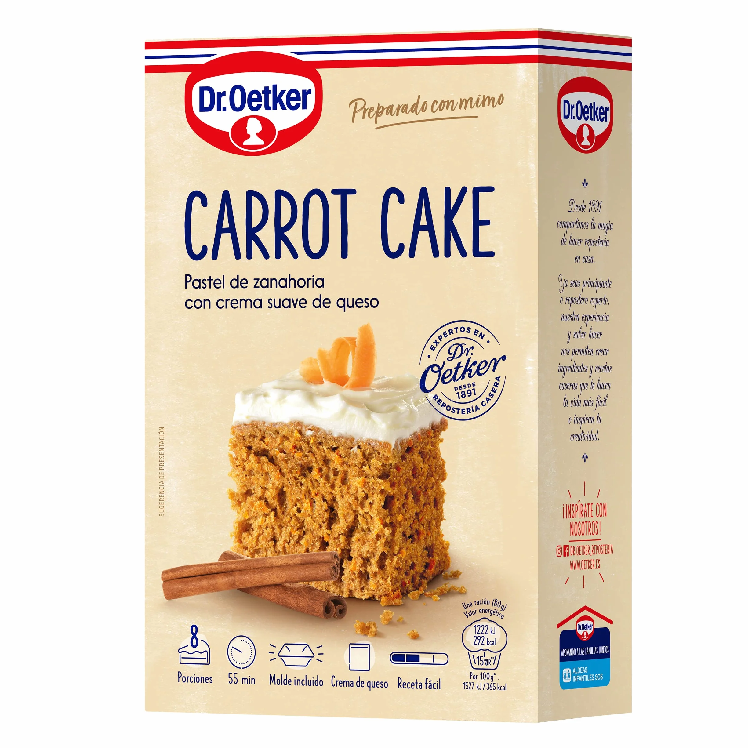 DR. OETKER Pastel de Zanahoria, Preparado para Tarta de Zanahoria con Crema de Queso 265g + 50g + Molde, 8 Raciones