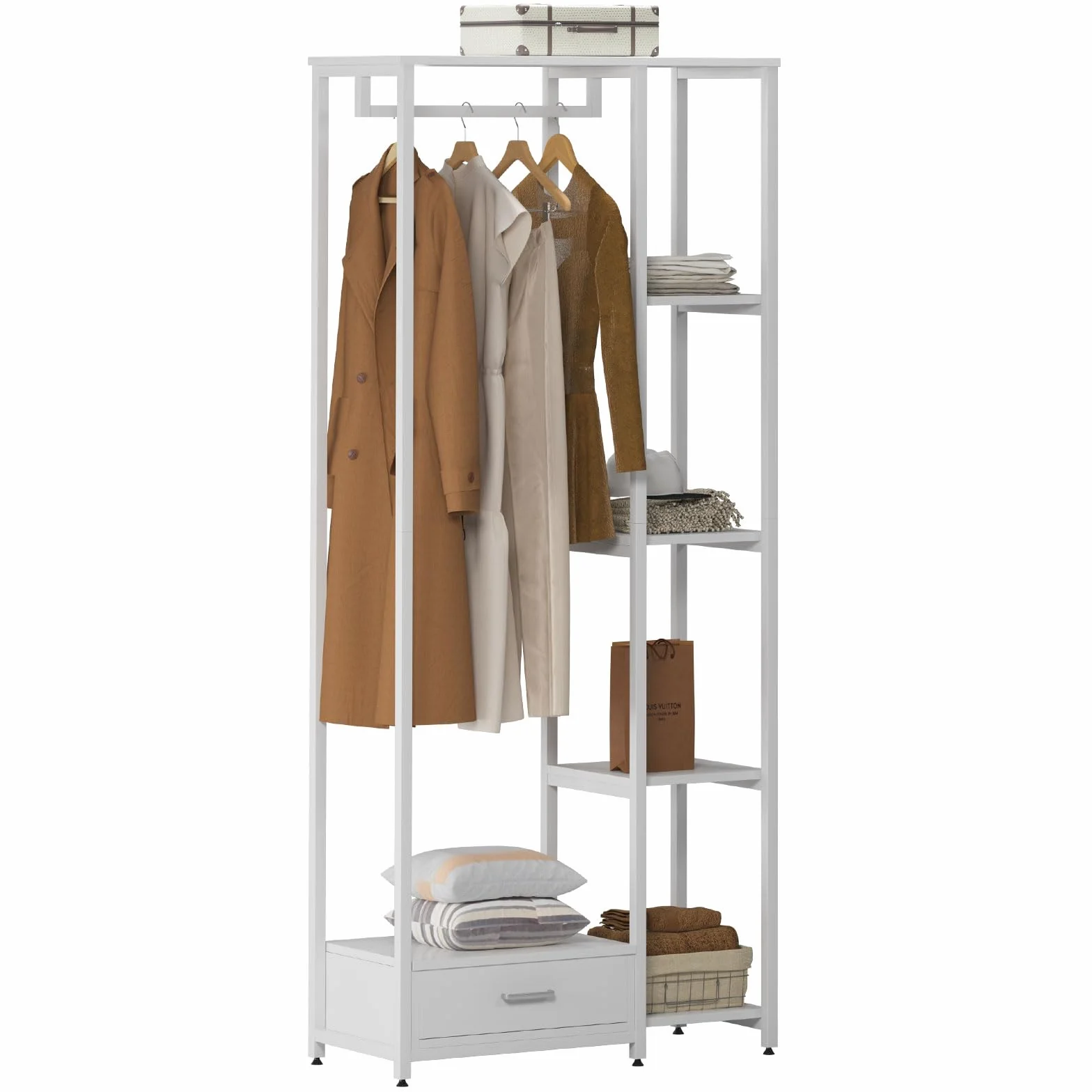 SogesHome Perchero de pie con estantes de almacenamiento y cajón, 3 en 1, de madera, con 4 niveles para dormitorio