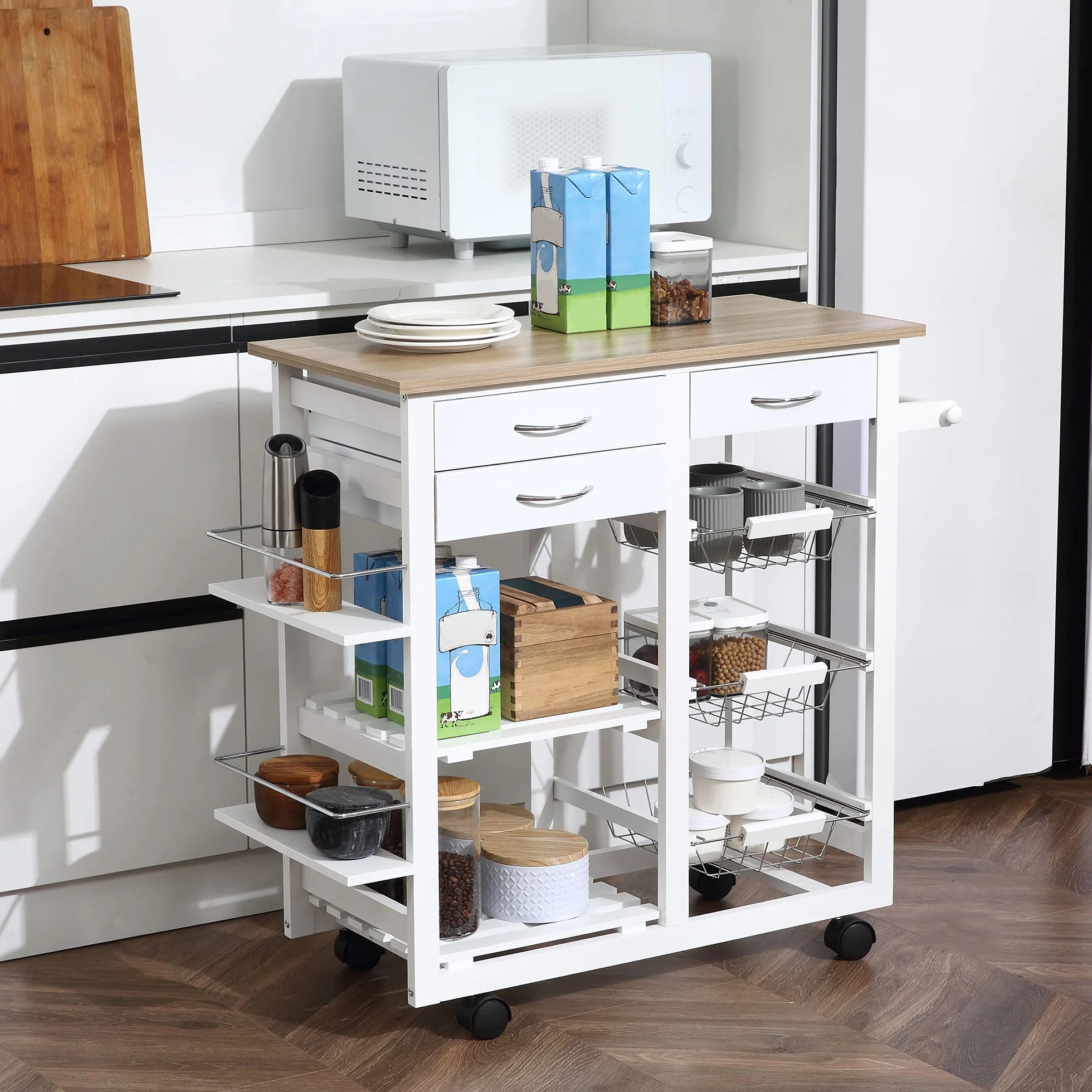 HOMCOM Carrito de Cocina Carro de Almacenamiento con Cajones Cestas Estantes para Especias Toallero Ruedas 92x37x82 cm Blanco