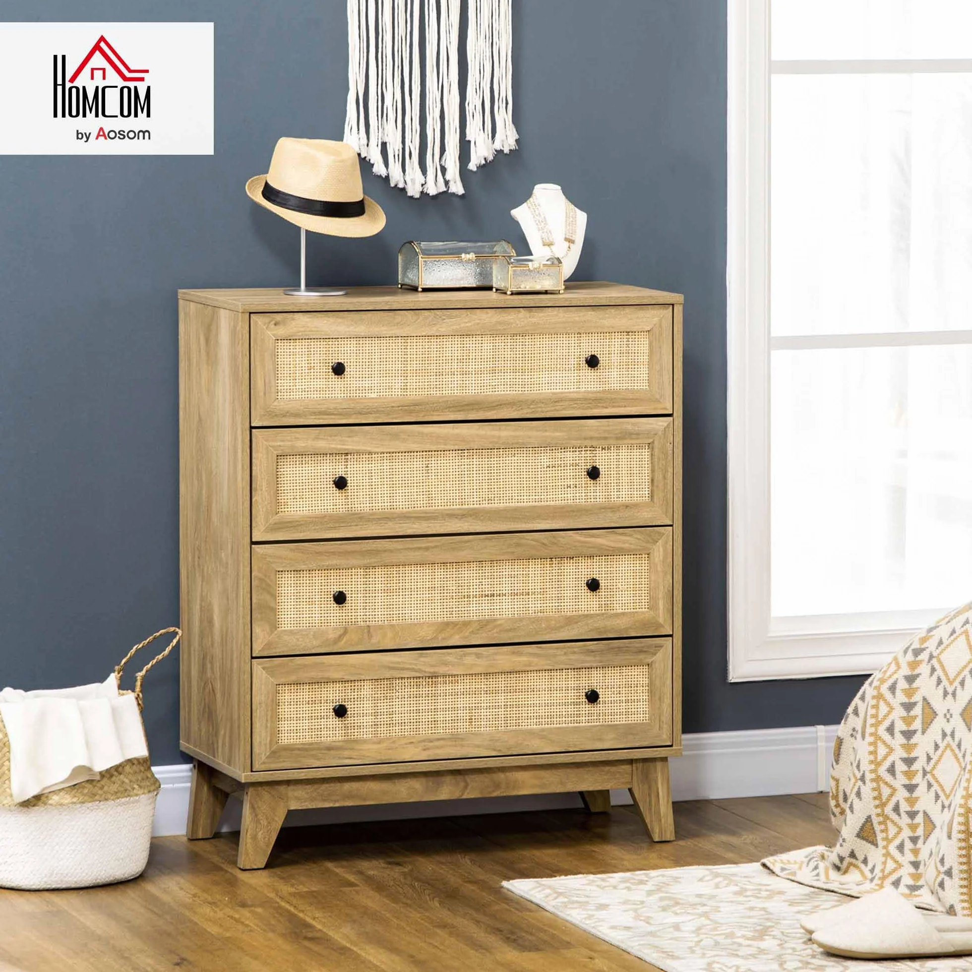 HOMCOM Cómoda con 4 Cajones Cómoda Dormitorio Estrecha con Frontales de Ratán y Patas Elevadas Cajonera para Salón Oficina 80x35x95 cm Natural
