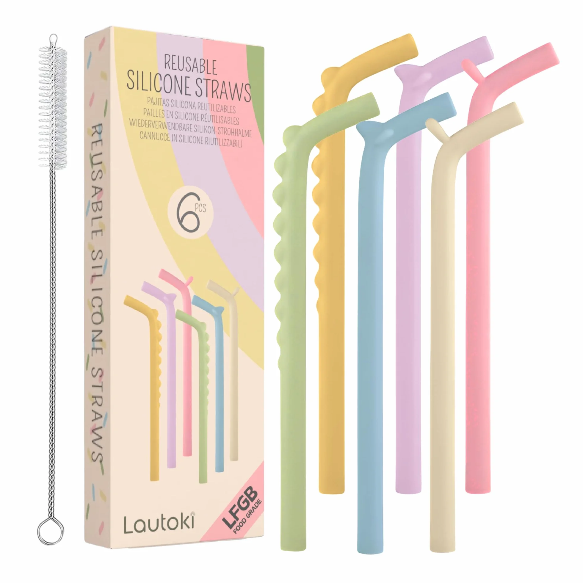 Pajitas reutilizables silicona niños Pack 6 + Cepillo Limpieza Sin BPA LFGB