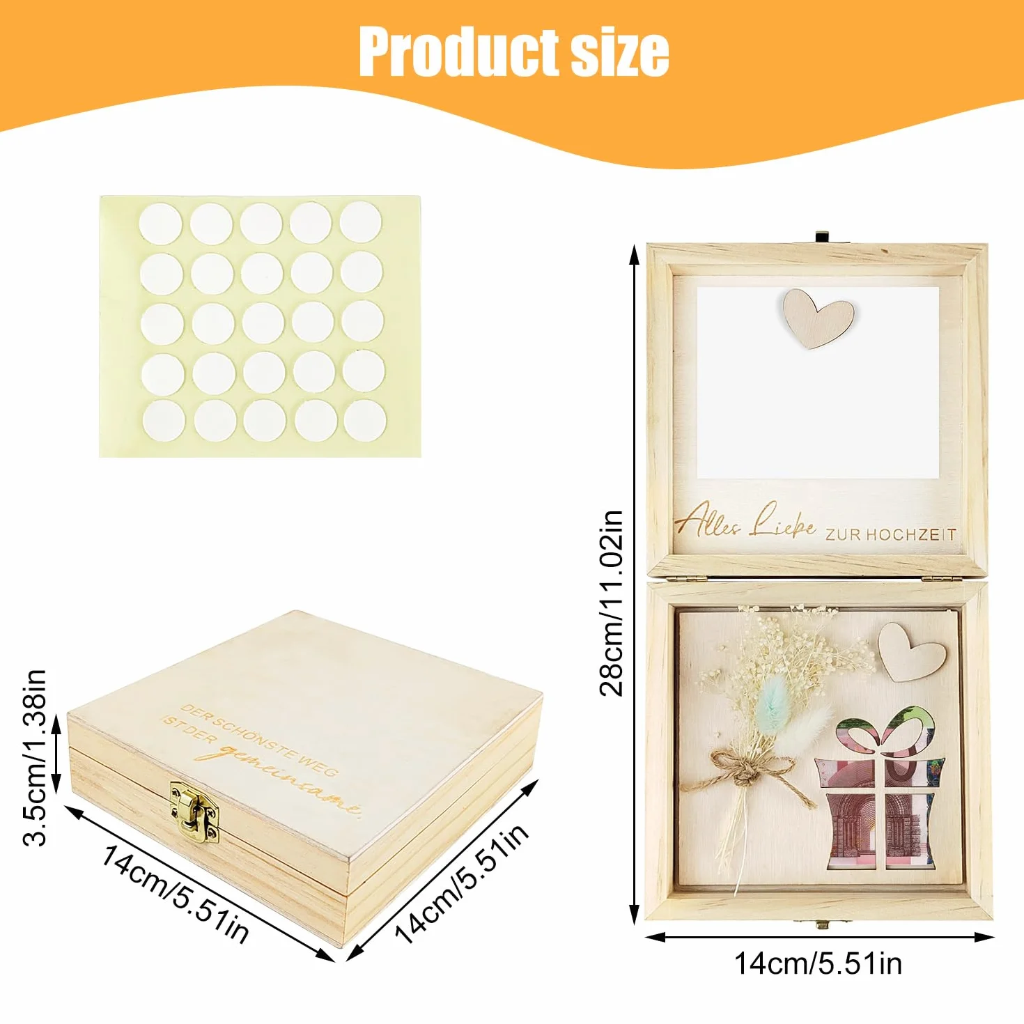 Regalo de dinero para bodas 14 × 14 × 3,5 cm color madera