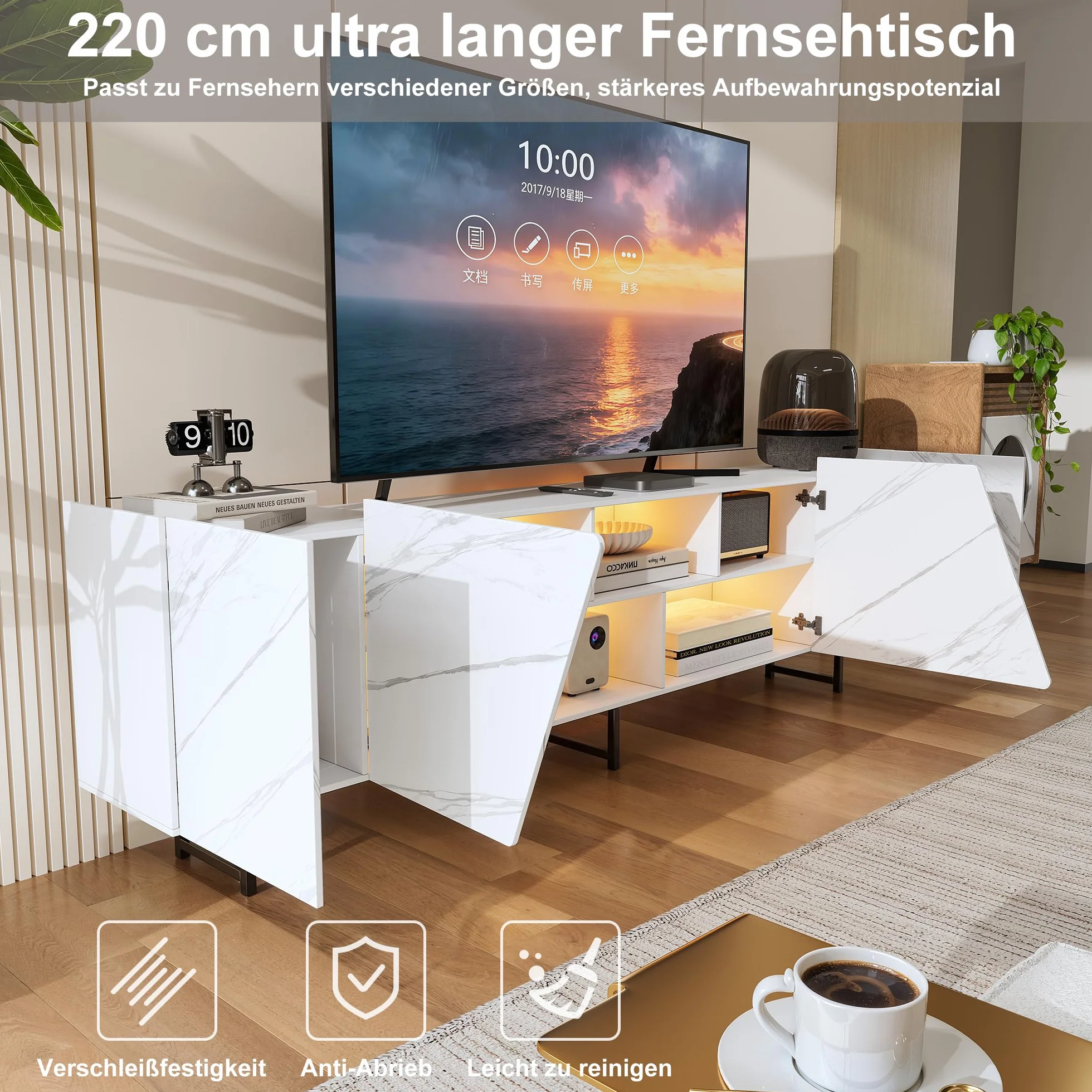 BRILVERDE Mueble de TV con iluminación LED de mármol blanco brillante, 220 cm, mueble bajo para TV con puerta, espacio de almacenamiento y aparadores, para salón (blanco, 220 cm)