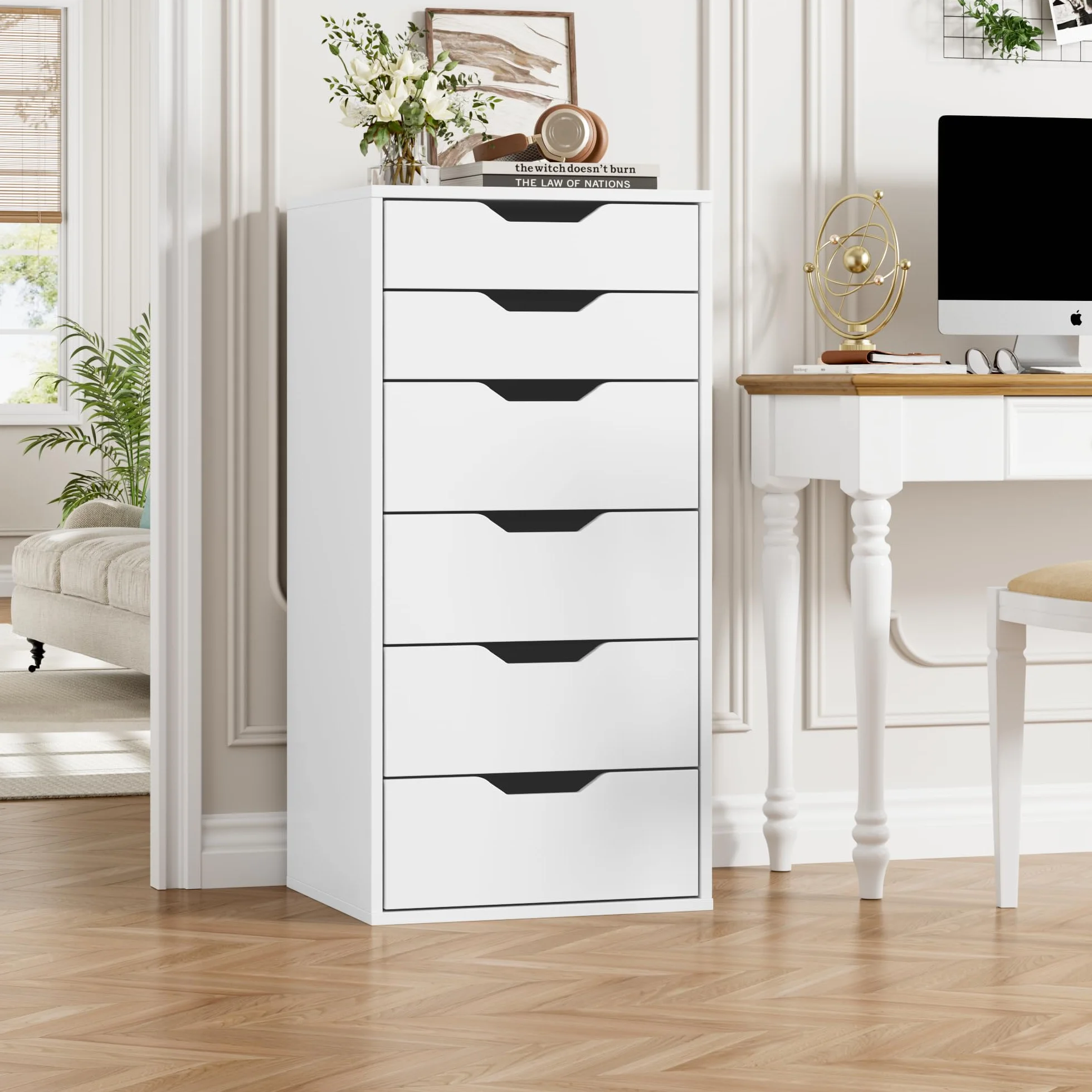 FOREHILL Comoda Dormitorio Comodas y Cajoneras Sinfonier Dormitorio Alto Cómoda Cajonera Estrecha con 6 Cajones Mueble Almacenaje para Salón, Oficina, Blanco 45x40x90.5cm