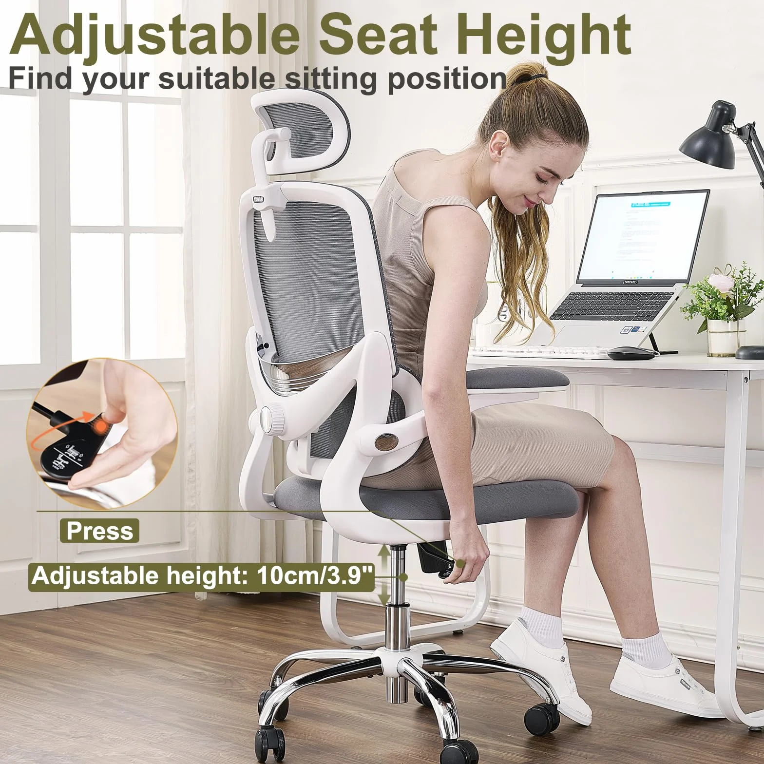 Silla Ergonómica para Oficina, Silla de Escritorio Respaldo Alto de Malla, Soporte Lumbar Ajustable, Reposabrazos Abatible, Reposacabezas Desmontable, Silla Giratoria para Juegos, 150 KG