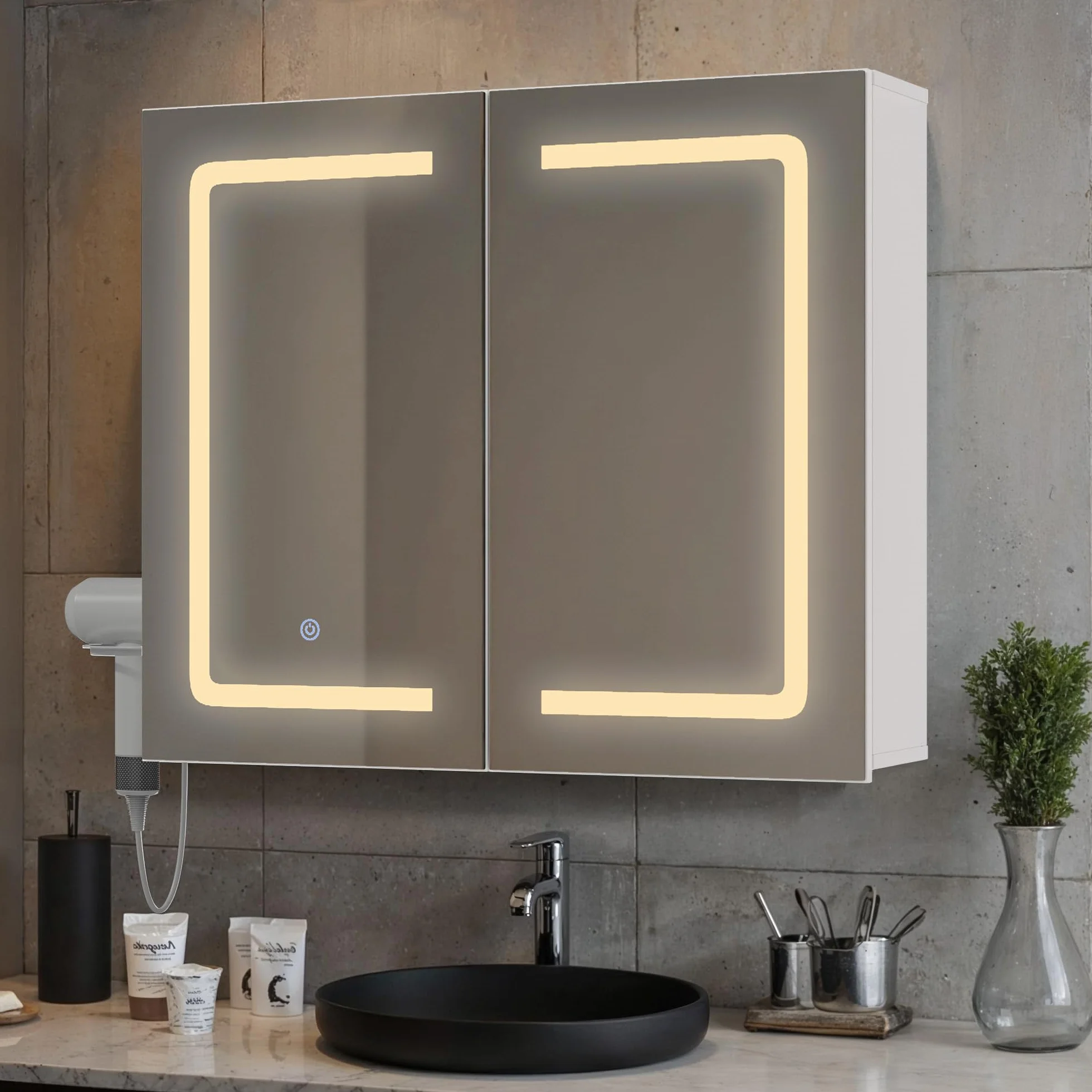 Armario Espejo Baño con Luz LED Puerto USB 70x16x60cm Blanco
