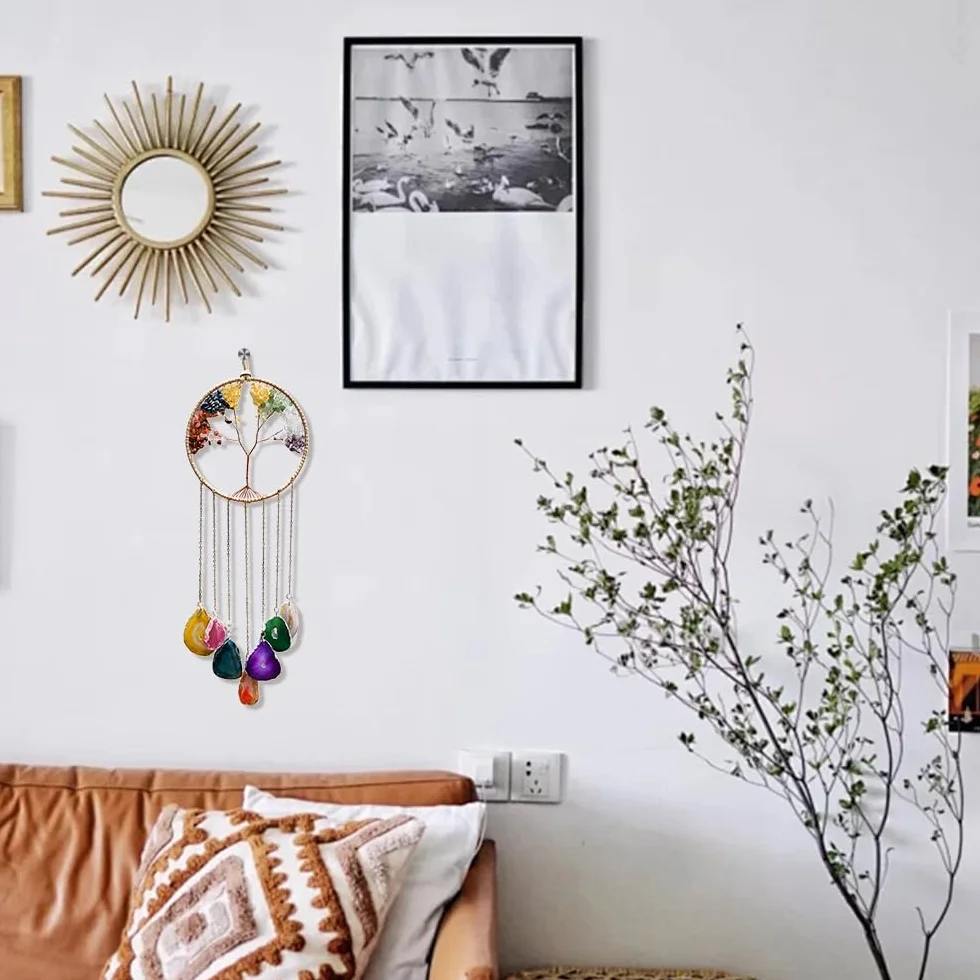 7 Chakra Campana de viento Árbol de la vida de discos de ágata natural, campana de viento de cristal hecha a mano para exterior e interior, decoración de pared con piedras preciosas.