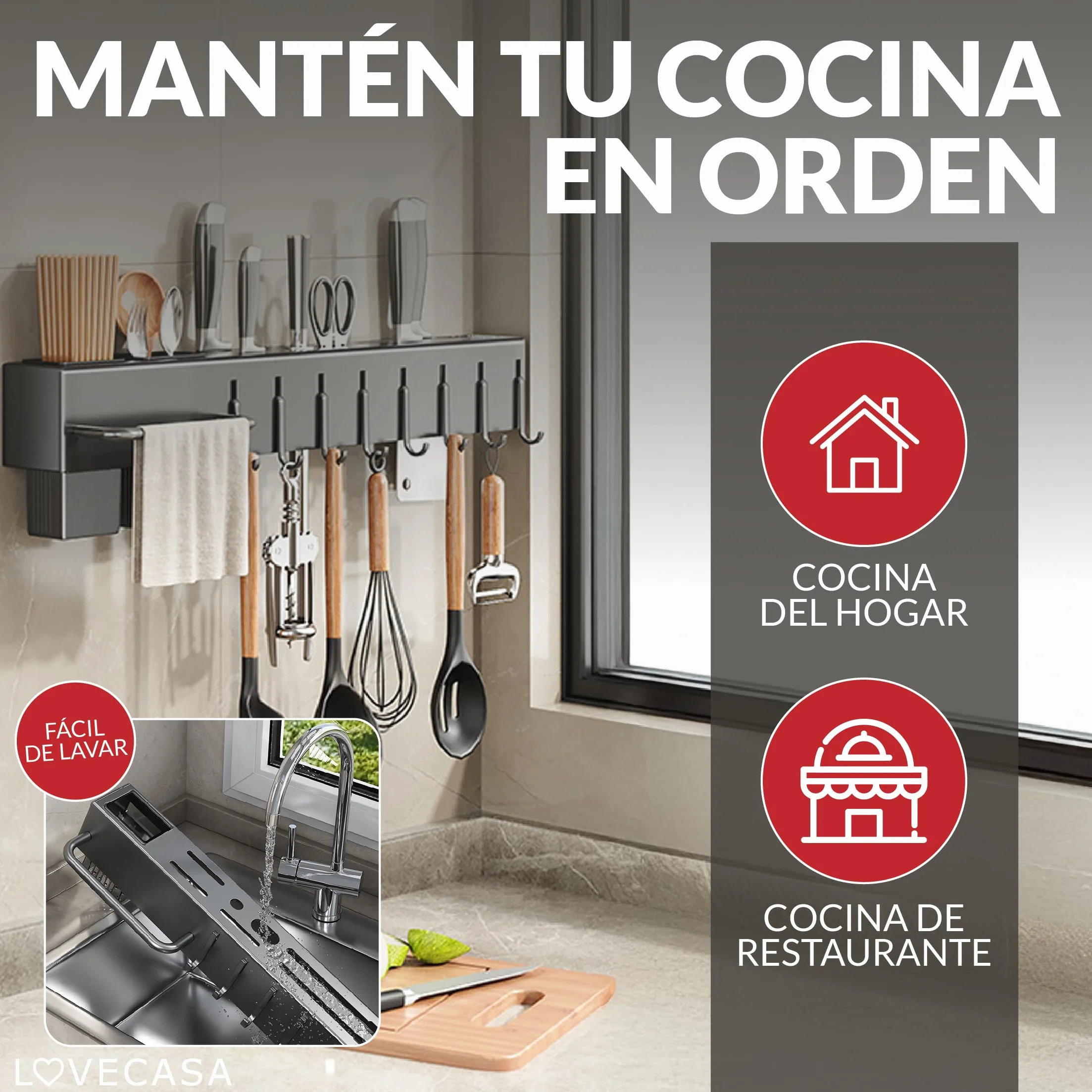 Organizador de cocina - cuchillero de pared - soporte para utensilios de cocina con ganchos y portacubiertos - organizador multifuncional ahorra espacio