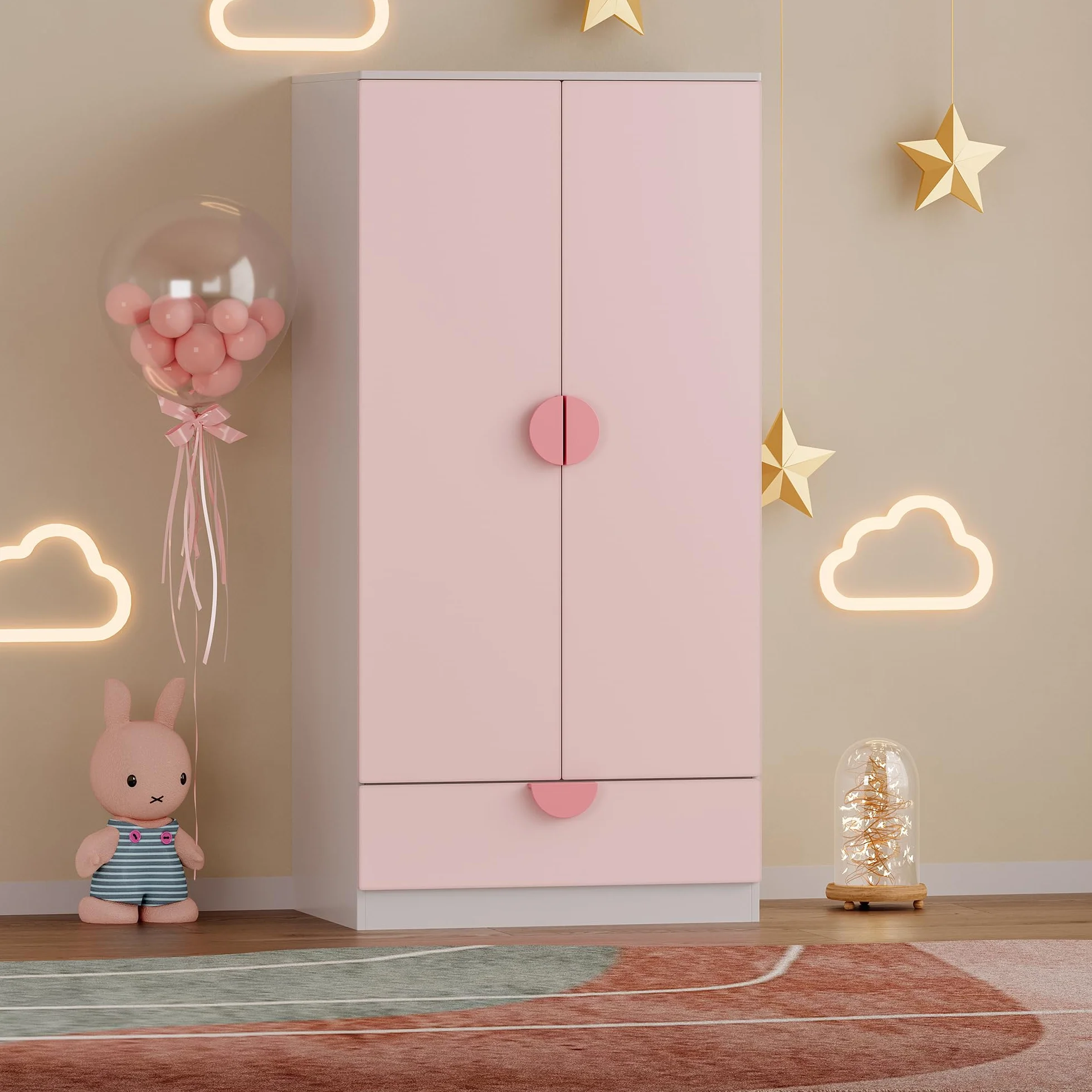 Armario Ropero Infantil Sandnes 2 Puertas con Cajón y Barra 123x60x40 cm Blanco/Rosa