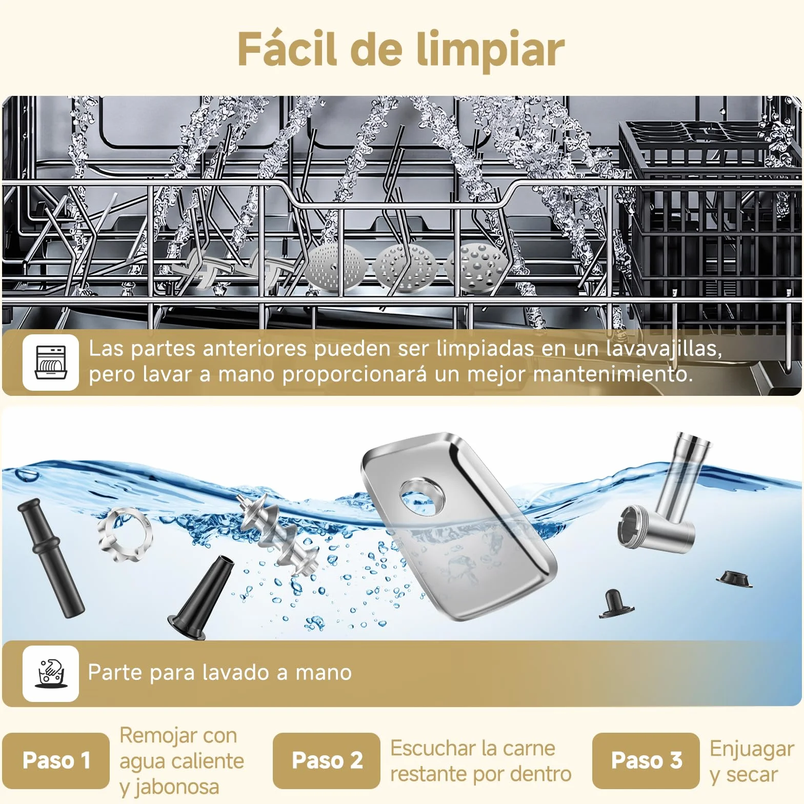 AAOBOSI Picadora De Carne, 3-EN-1 Picadora De Carne Eléctrica [3000w Max] Con 2 Cuchillas, 3 Placas De Corte De Acero Inoxidable, 1 Tubo Para Rellenar Salchichas, 1 Kit Kubbe