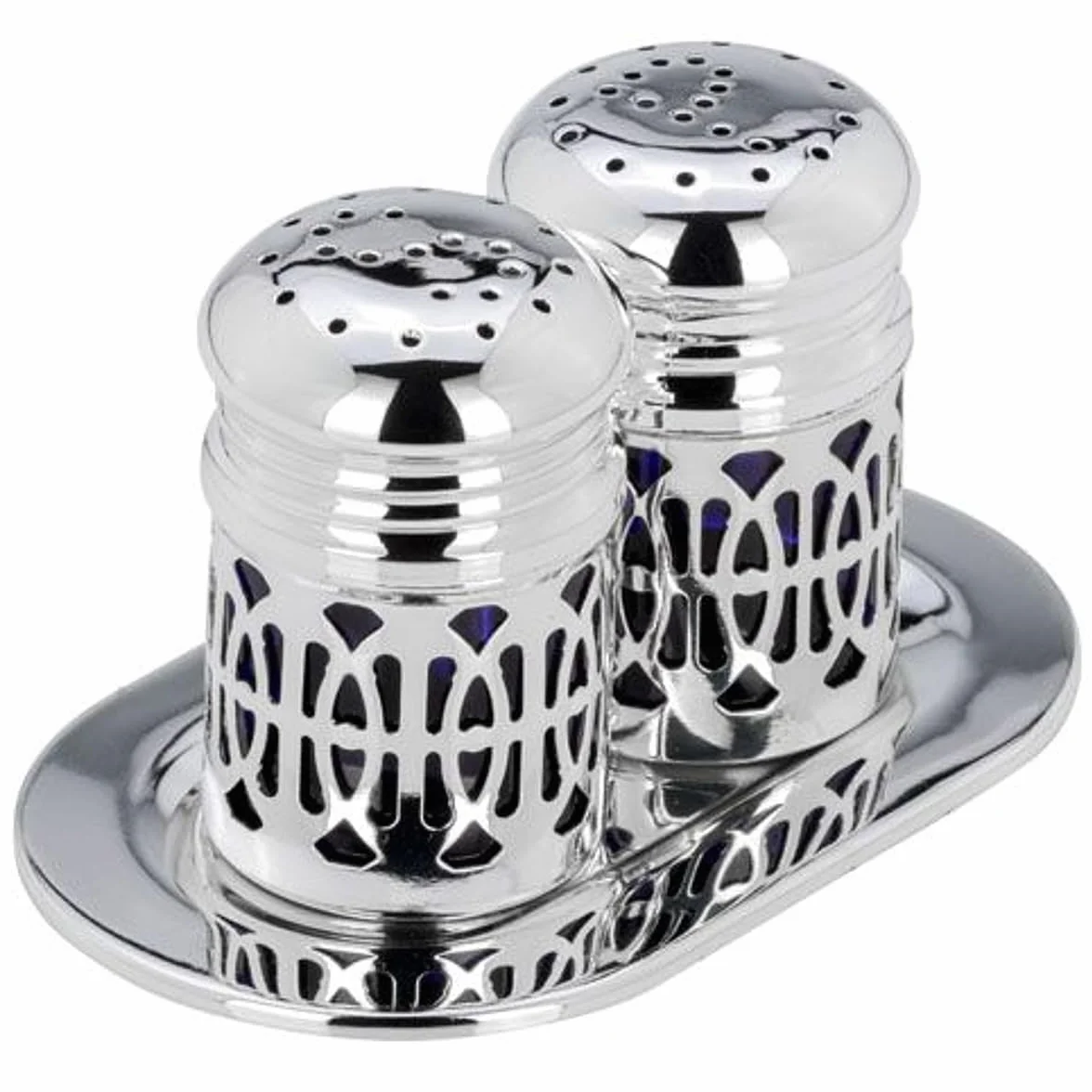 Par de esparcidores con bandeja ovalada higiénica de color azul, 12 cm, plata de primera calidad, chapado en plata