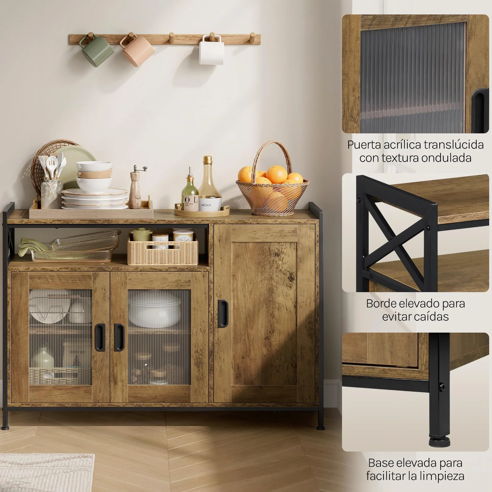 WOLTU Aparador Cocina de Almacenamiento, 3 Puertas, Estantes Ajustables, Mueble Auxiliar de Almacenaje para Cocina Salón y Comedor, Estructura Metal y Madera, 110x33x75 cm, Madera Marrón