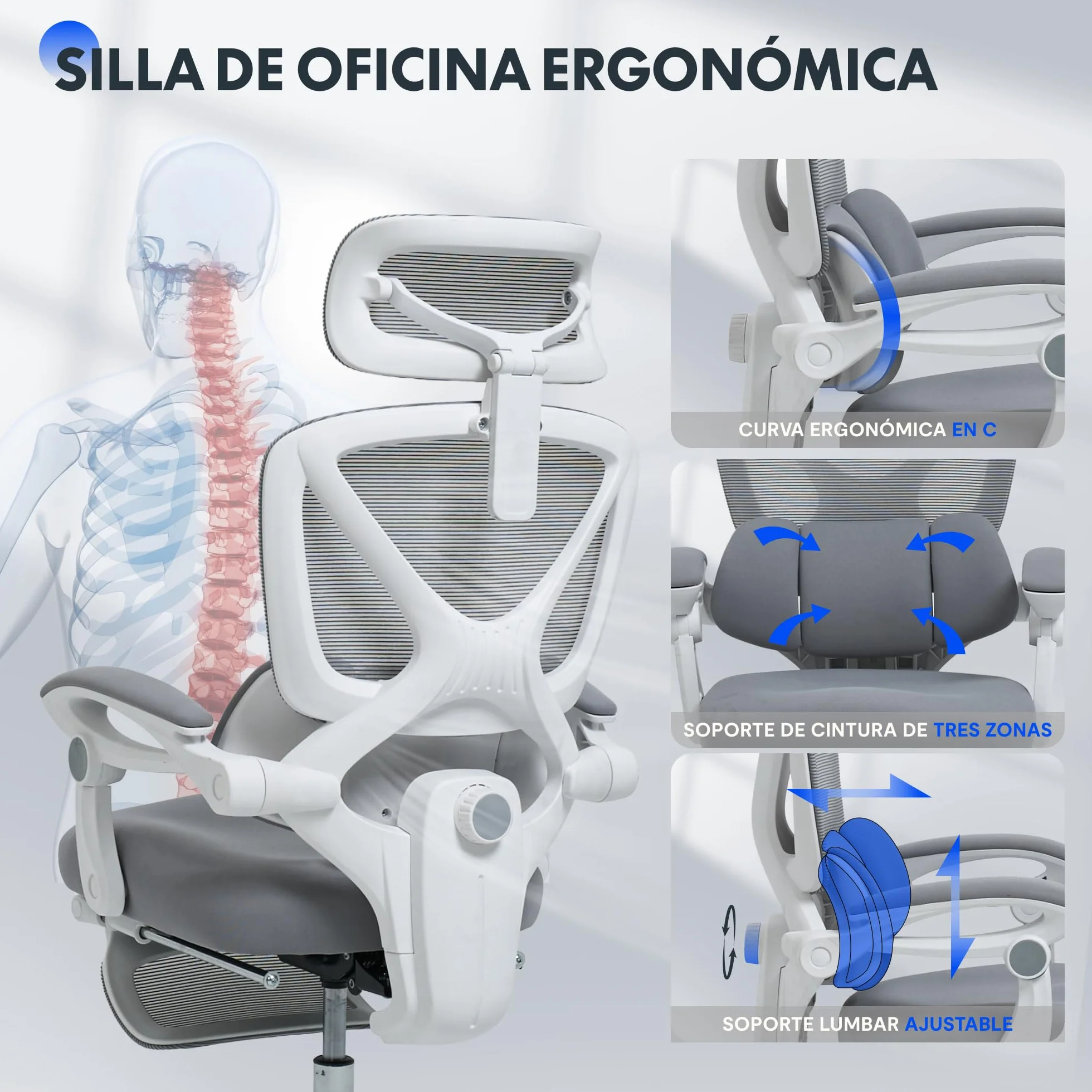 FLEXISPOT OC4 Silla Ergonomica Escritorio con Reposapiés, Silla Escritorio con Soporte Lumbar 3 Zonas, Reclinable 135°, Cojín Transpirable, Altura Ajustable, Ideal Oficina y Teletrabajo, Gris