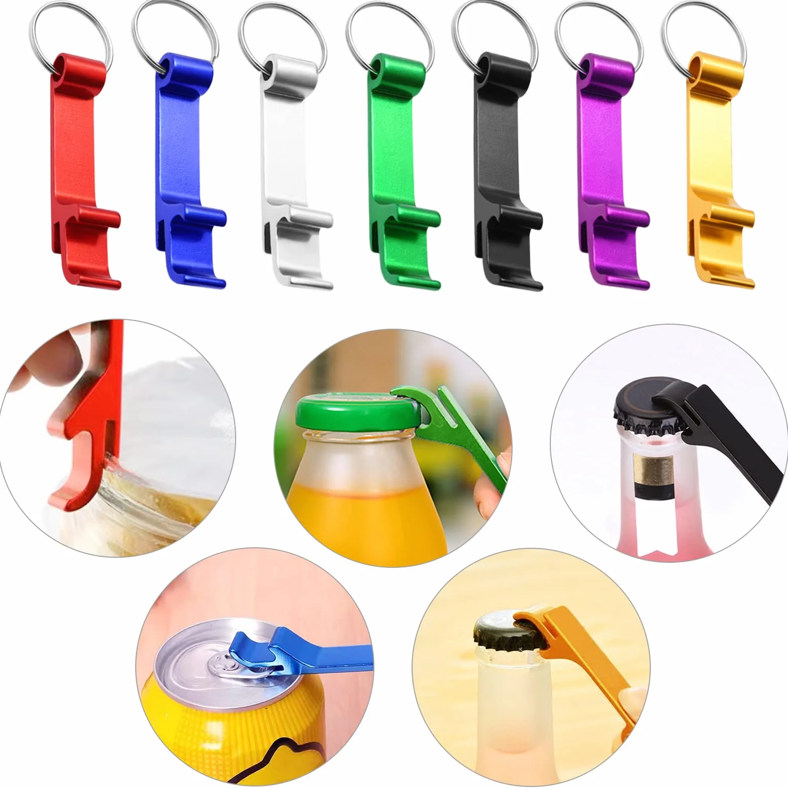 Pack de 35 llaveros abrebotellas de aluminio, abridor de cerveza con anilla, 7 colores