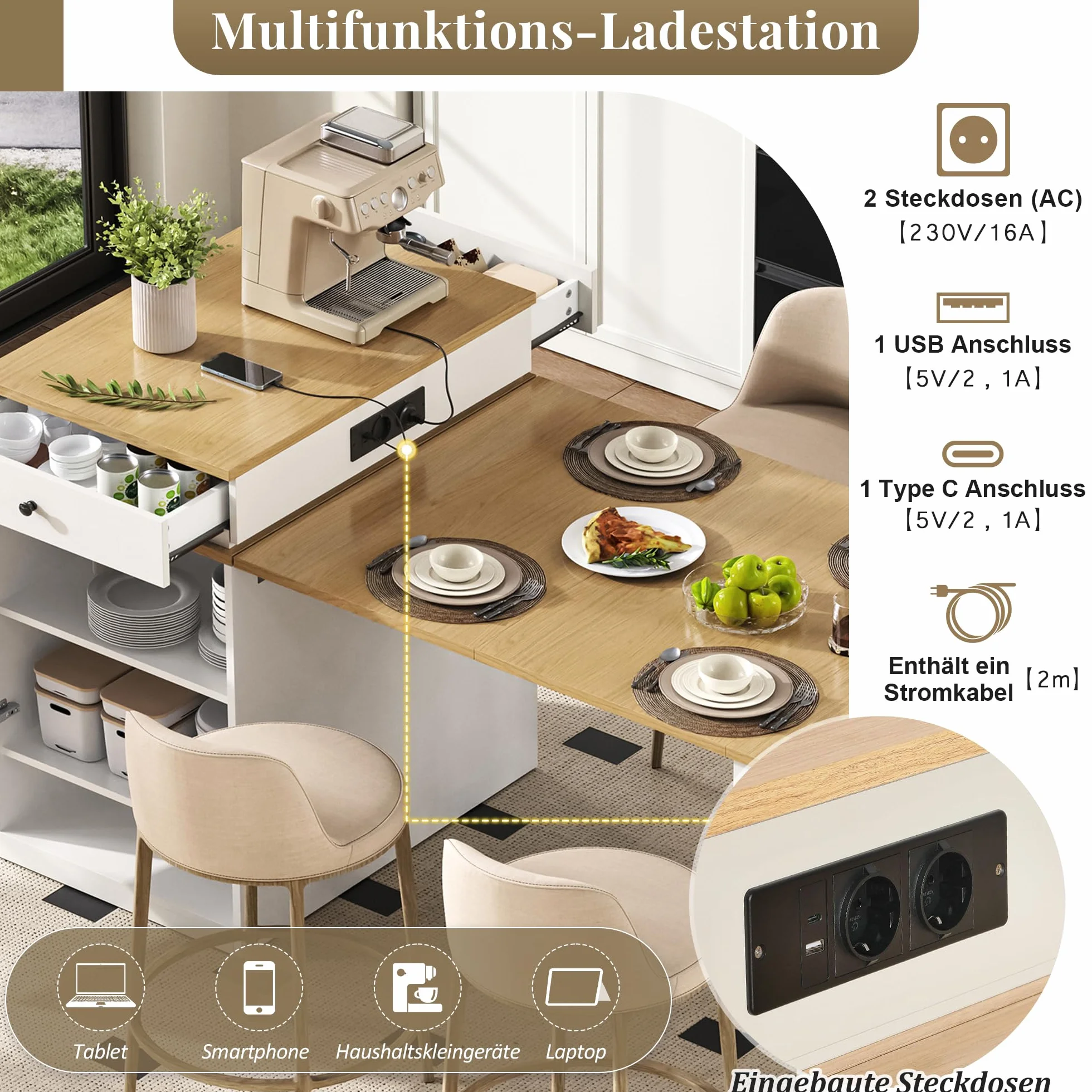 Isla de cocina móvil 80 x 71-151 cm con mesa extensible y enchufes, carrito de cocina con ruedas, mesa de bar, aparador, color blanco/natural, para pequeñas cocinas, comedores y oficinas en