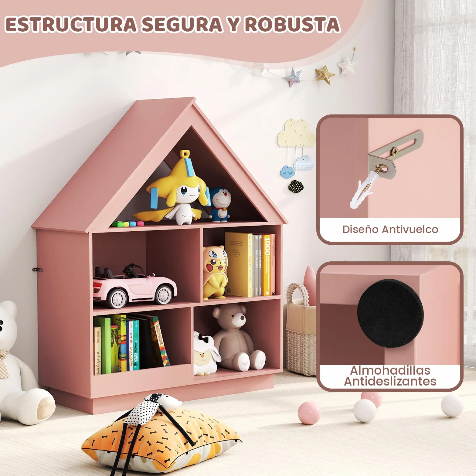 COSTWAY Estantería Infantil para Muñecas, Librería Infantil en Forma de Casa, Armario de Almacenaje de Juguetes de Madera con 5 Cubículos, Estante Abierto de 3 Niveles para Niños (Rosa)