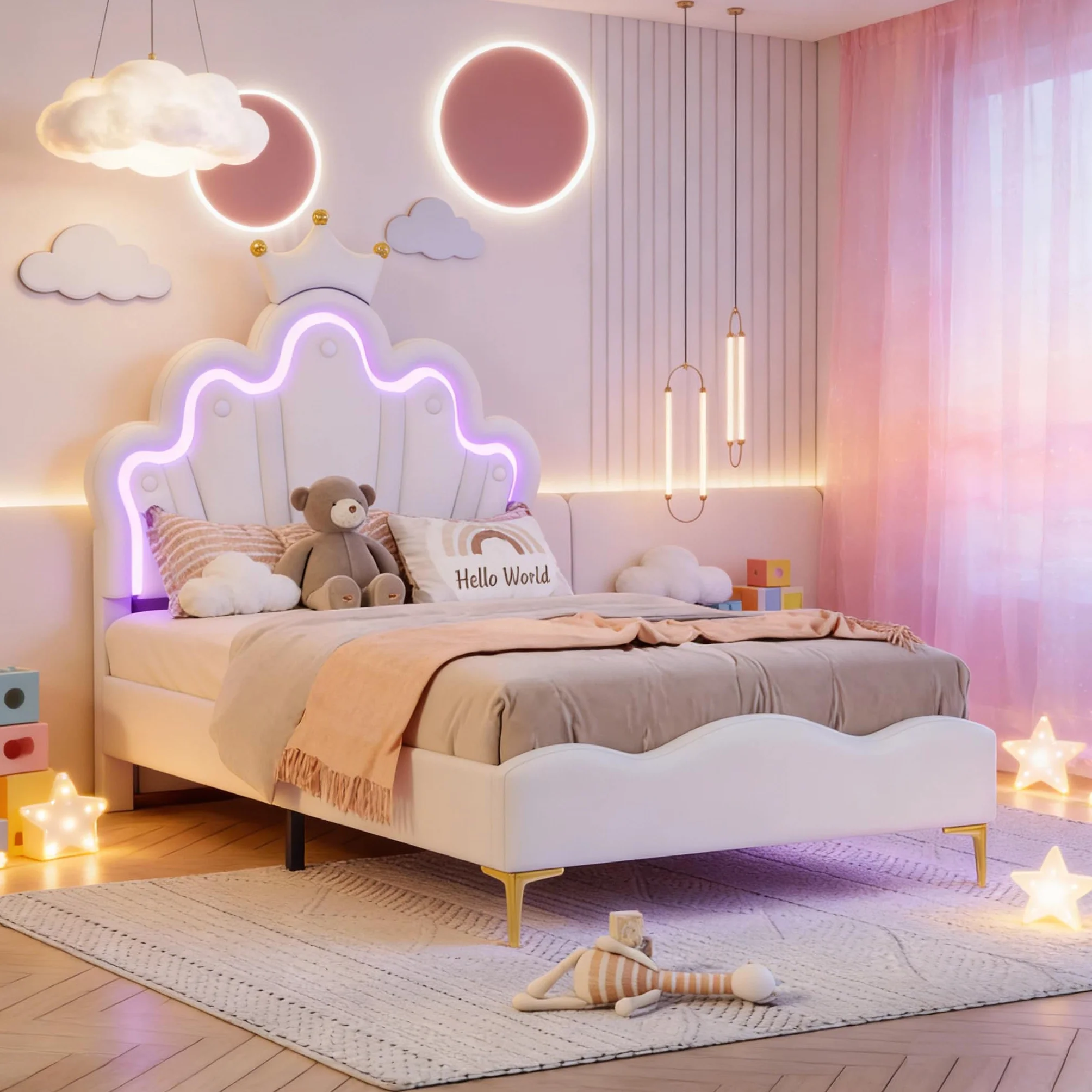 BRILVERDE Cama de Niña 90x200 con LED, Cama Princesa con cabecera coronada, Marco con somier de láminas, para niñas, para niños y adolescentes, PU (blanco, 90x200 cm)