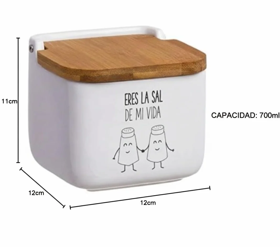 Salero de Cocina de Cerámica con Tapa de Madera Diseños Originales ECHALE Sal A TU Dia