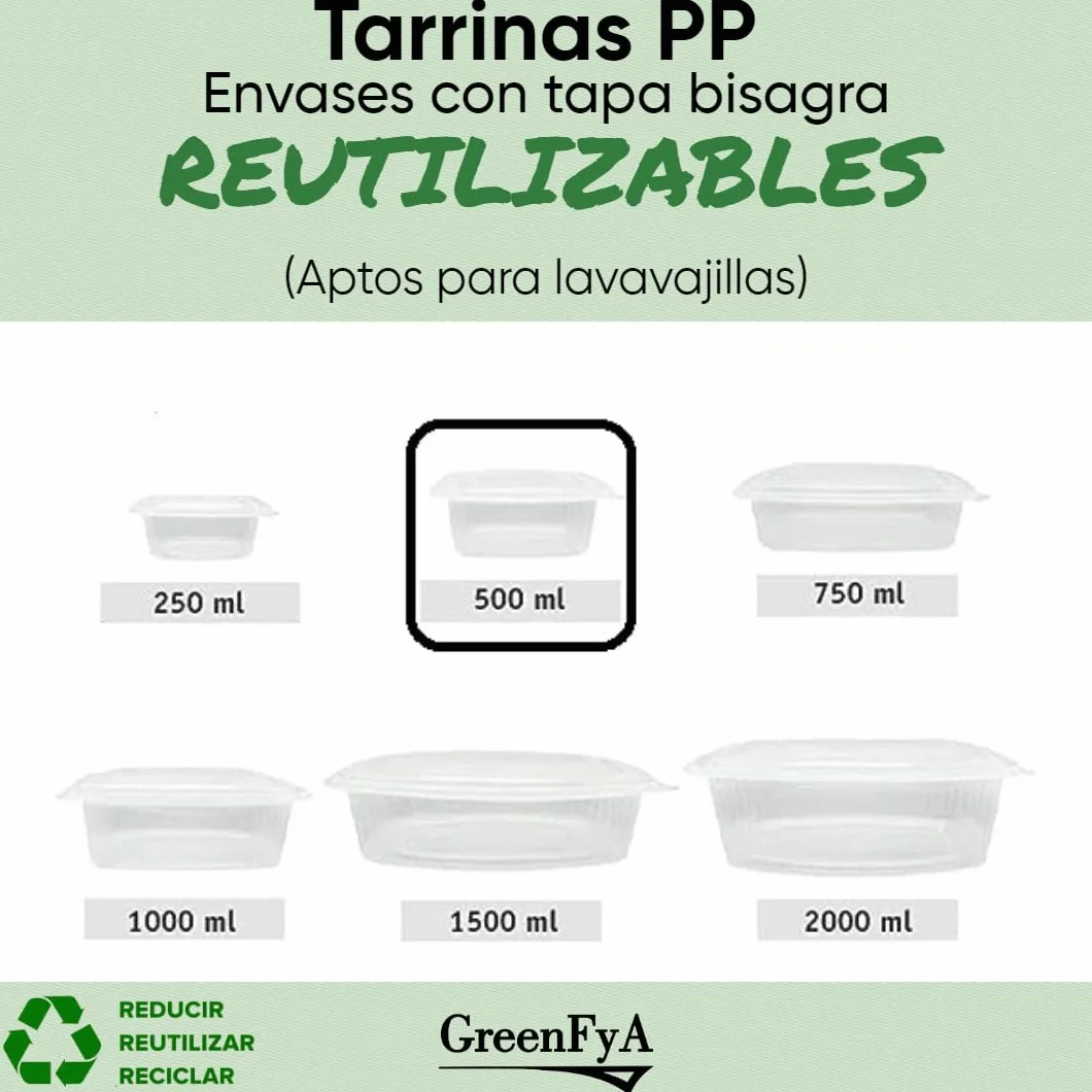 Tuppers Hermeticos de Plástico PP Reutilizables 500ml con Tapa Bisagra para Alimentos Calientes o Fríos