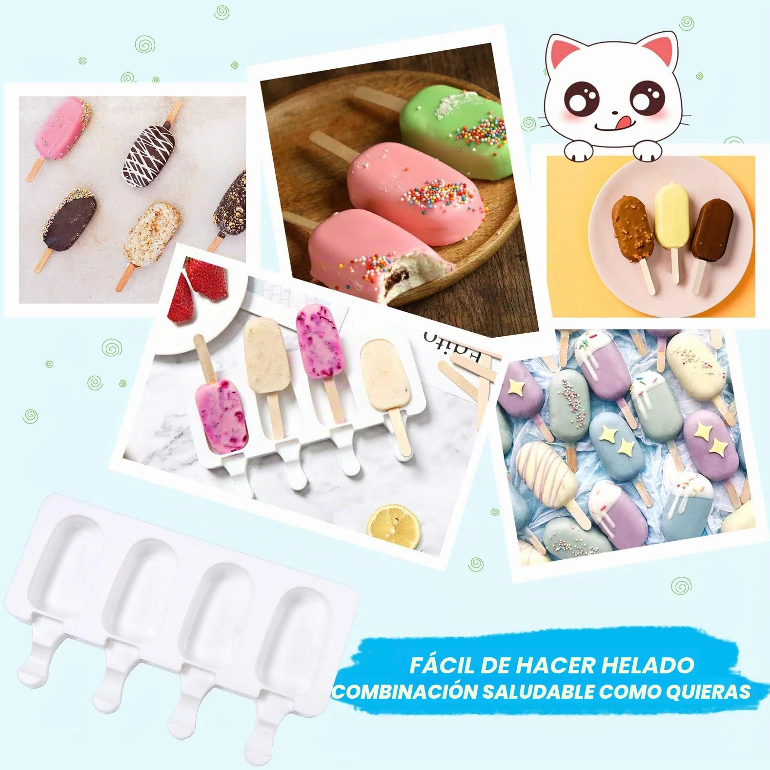 Moldes de Helados Silicona con Palo, 8 Cavity Juego de Moldes para Polos, con 100 Palos de Madera Blanco