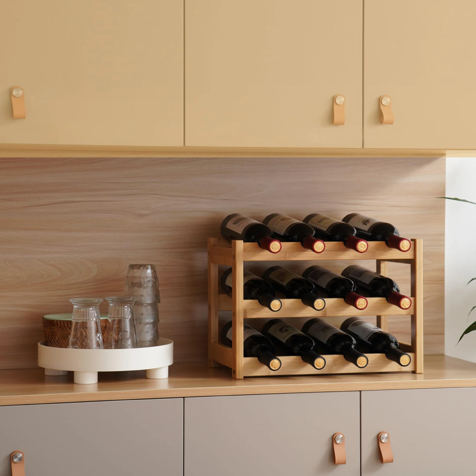 VASMIA Botellero de Vino, Estante para Vino, estantería de bambú de 3 Niveles para encimera, Soporte Independiente para 12 Botellas, Adecuado para Cocina, despensa, Bodega, Bar, Natural