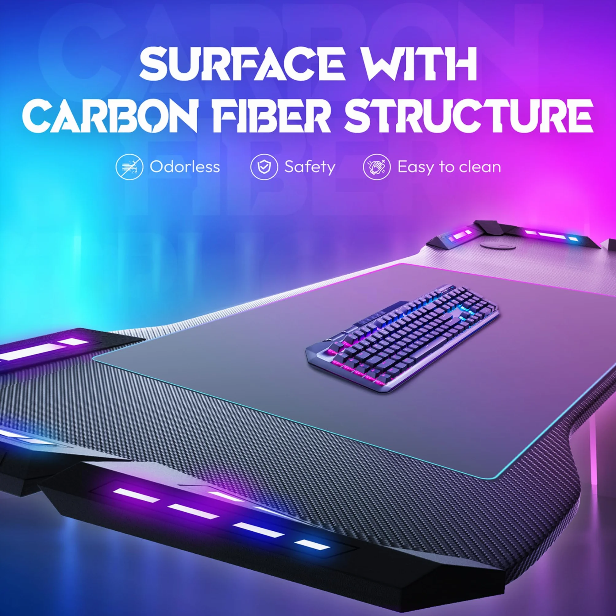 LZQ Mesa de juegos con LED RGB 140 x 60 cm, escritorio ergonómico para gamer PC con superficie de fibra de carbono, mesa de juegos RGB con mando a distancia y gancho para auriculares, color negro