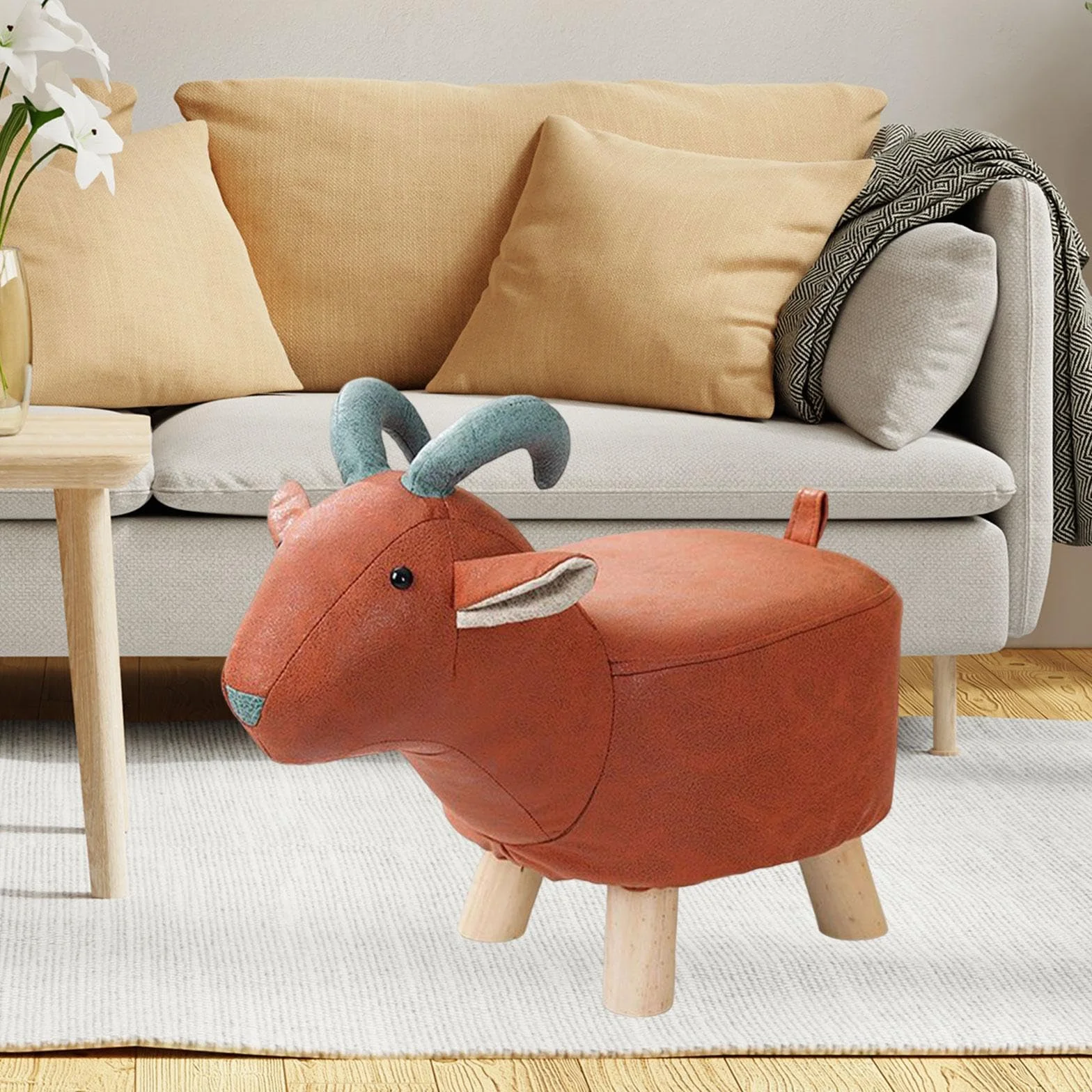 Perfk Madera Reposapiés Otomano Animal Portátil Multifuncional Taburete de Té Cabra Roja