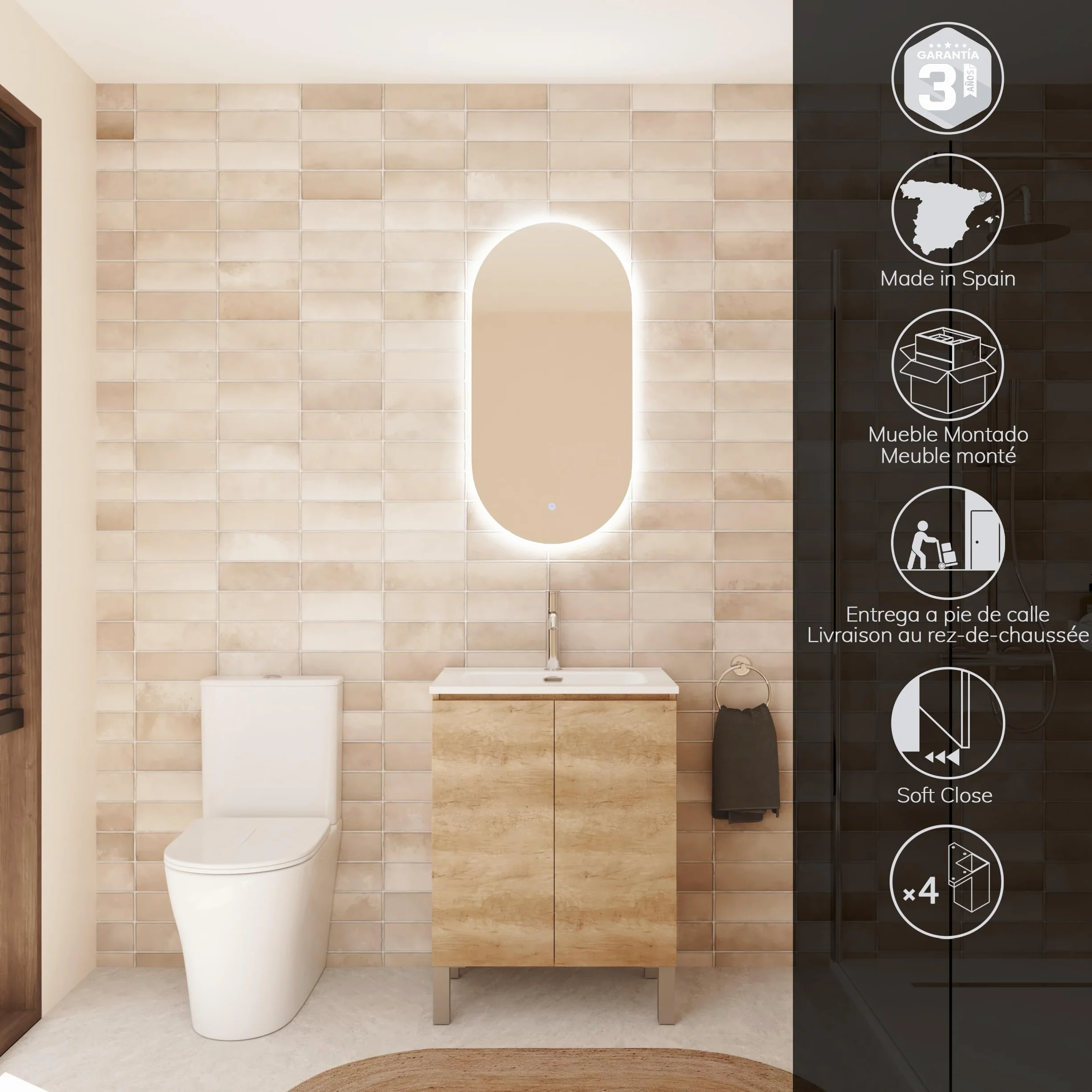Baikal Mueble de Baño Nook. Mueble MONTADO. 60cm Nature 2 Puertas. Cierre Amortiguado. Patas Cromadas. Armario de Baño. Incluye Lavabo Ceramico