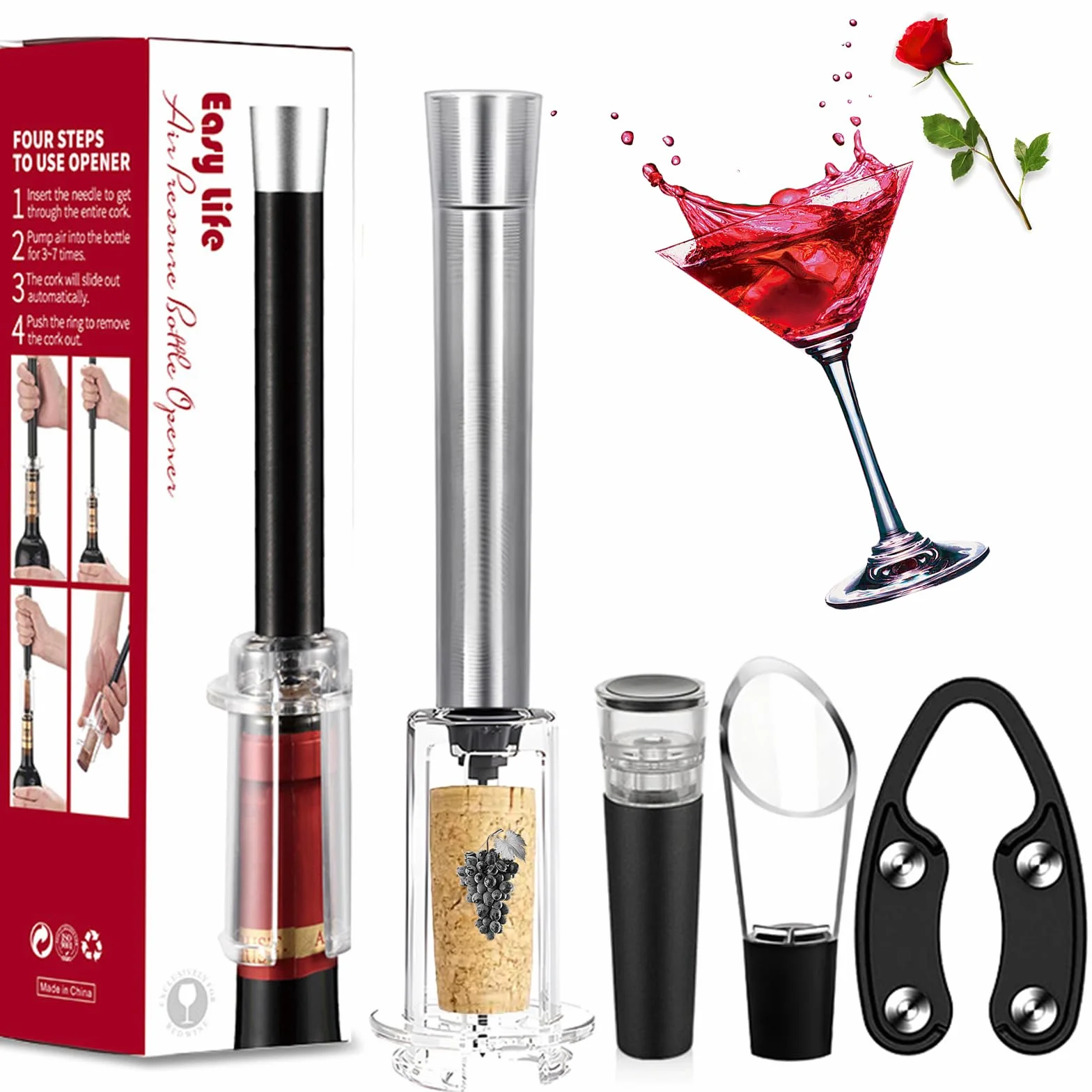 MIRACLEW Wine Opener, Air Pump Cork Remover Wine Bottle Opener Set, Miracle Air Pressure Wine Opener Set, with Bottle Opener, Vacuum Stopper, Wine Pourer, Paper Cutter (Silver)