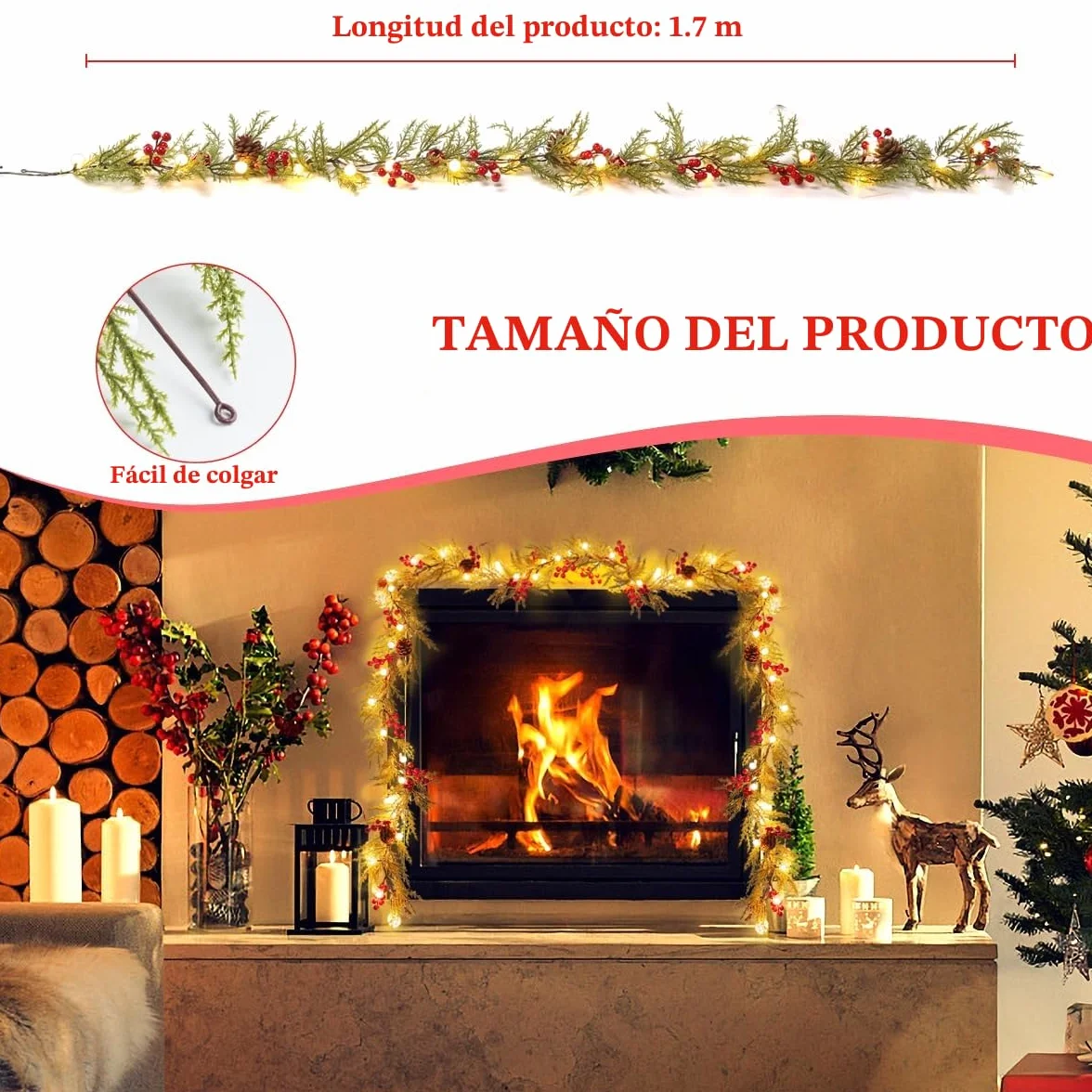 Quntis 1.75M Guirnalda de Navidad Artificial con Luces, 20 LED Guirnalda de Plástico con Pilas/Batería, para Puerta Delantera, Chimenea, Escalera, Mesa, Porche, Interior de Vacaciones, Pino