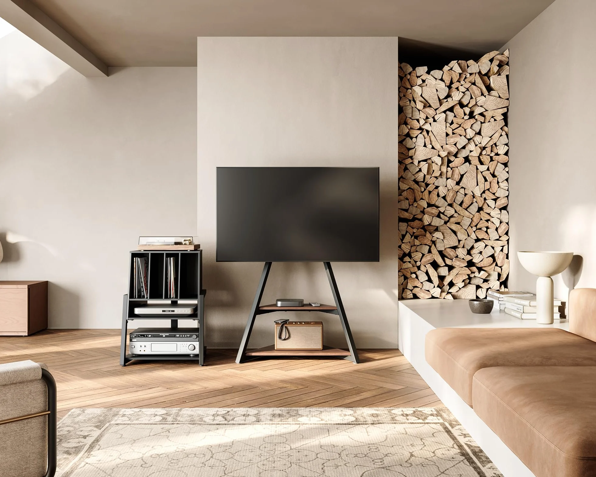 FITUEYES Mueble Tocadiscos, Mueble HiFi de Madera y Metal, Almacenamiento para 120 Discos, para Sistemas Compactos, para Salones y Salas de Música