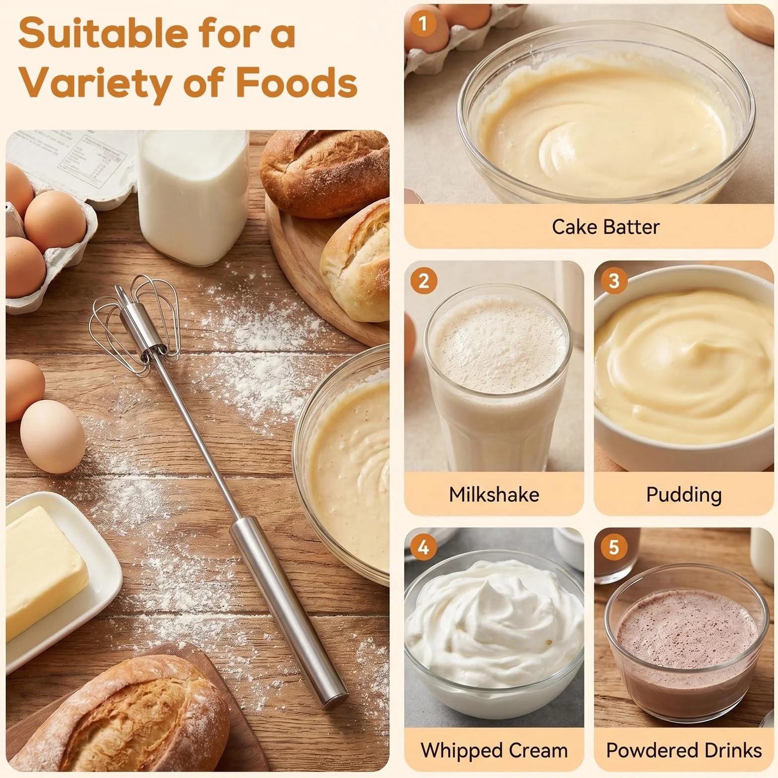 Batidor Manual semiautomático de Acero Inoxidable, Varillas Cocina Multifuncional para batir Huevos, espumar Leche y Mezclar Ingredientes en el hogar