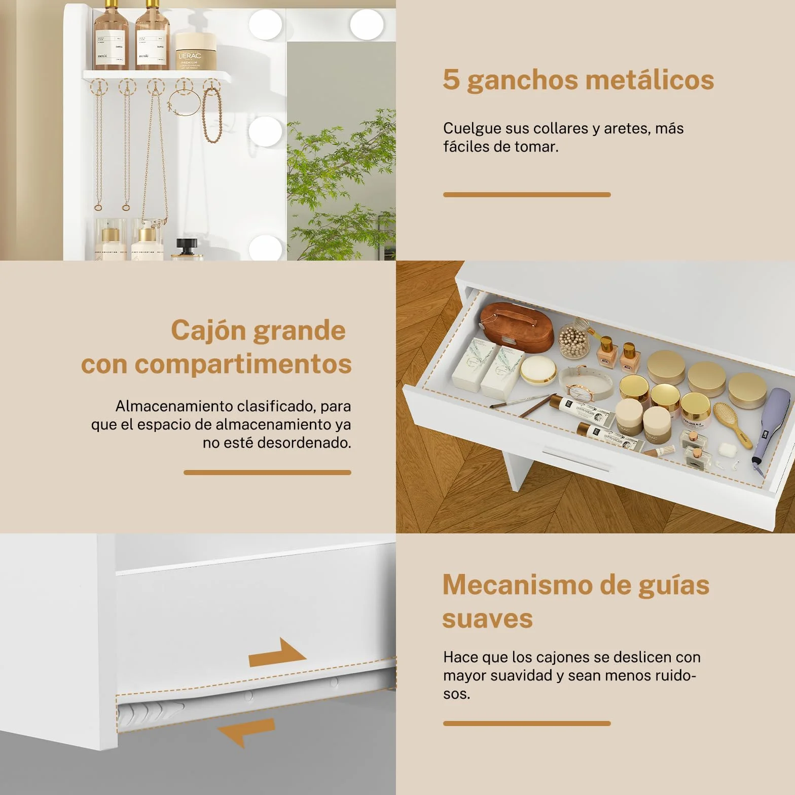 Mesa de Maquillaje con Luces y Espejo, Tocador Blanco con 4 Cajones y Estantes