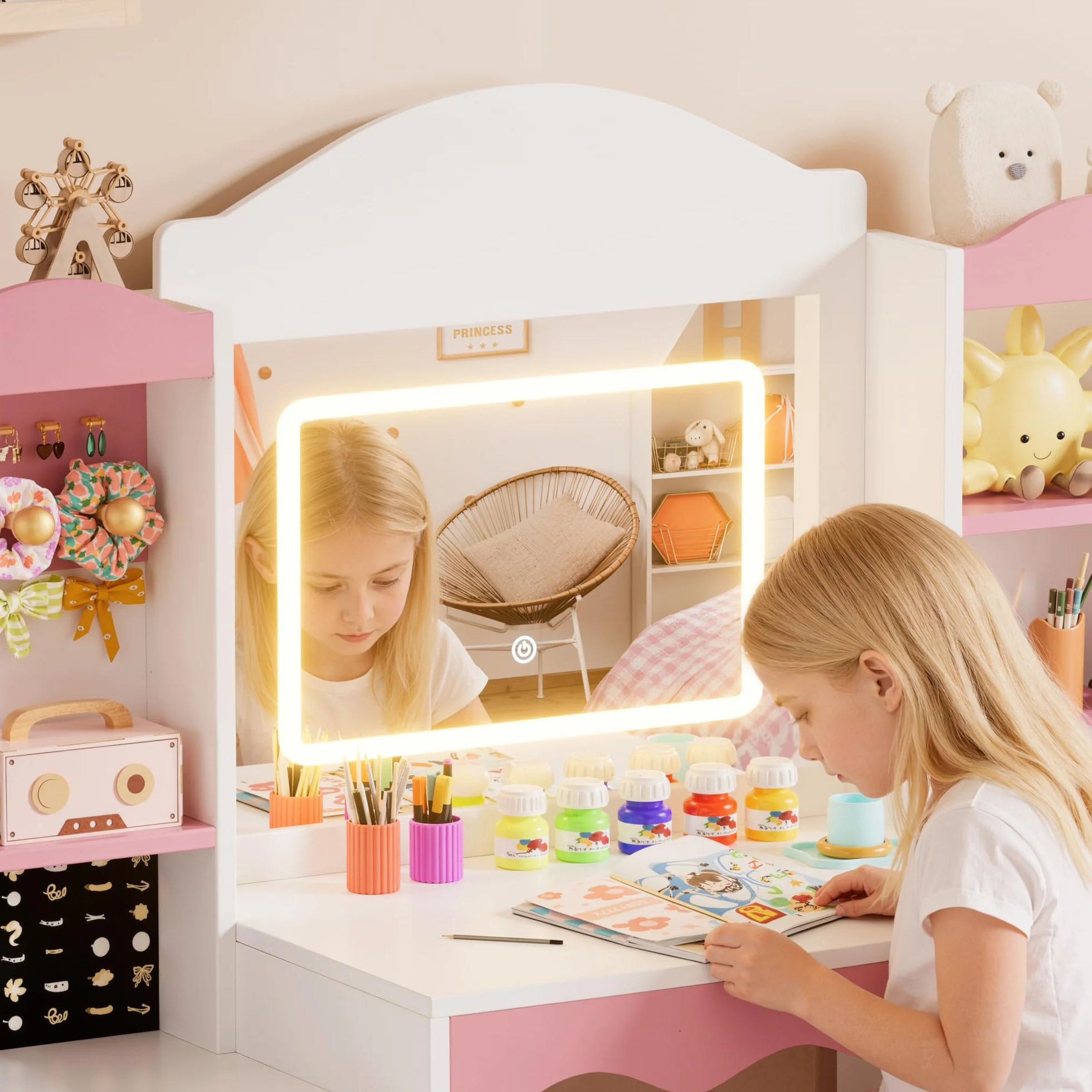 MSFE 2 en 1 Tocador Niña con Espejo y Luces,Mesa de Maquillaje con Taburete y Armario de Almacenamiento,Tocador de Princesa con Estantes y Soporte para Joyas,Tocador de Maquillaje para Niñas