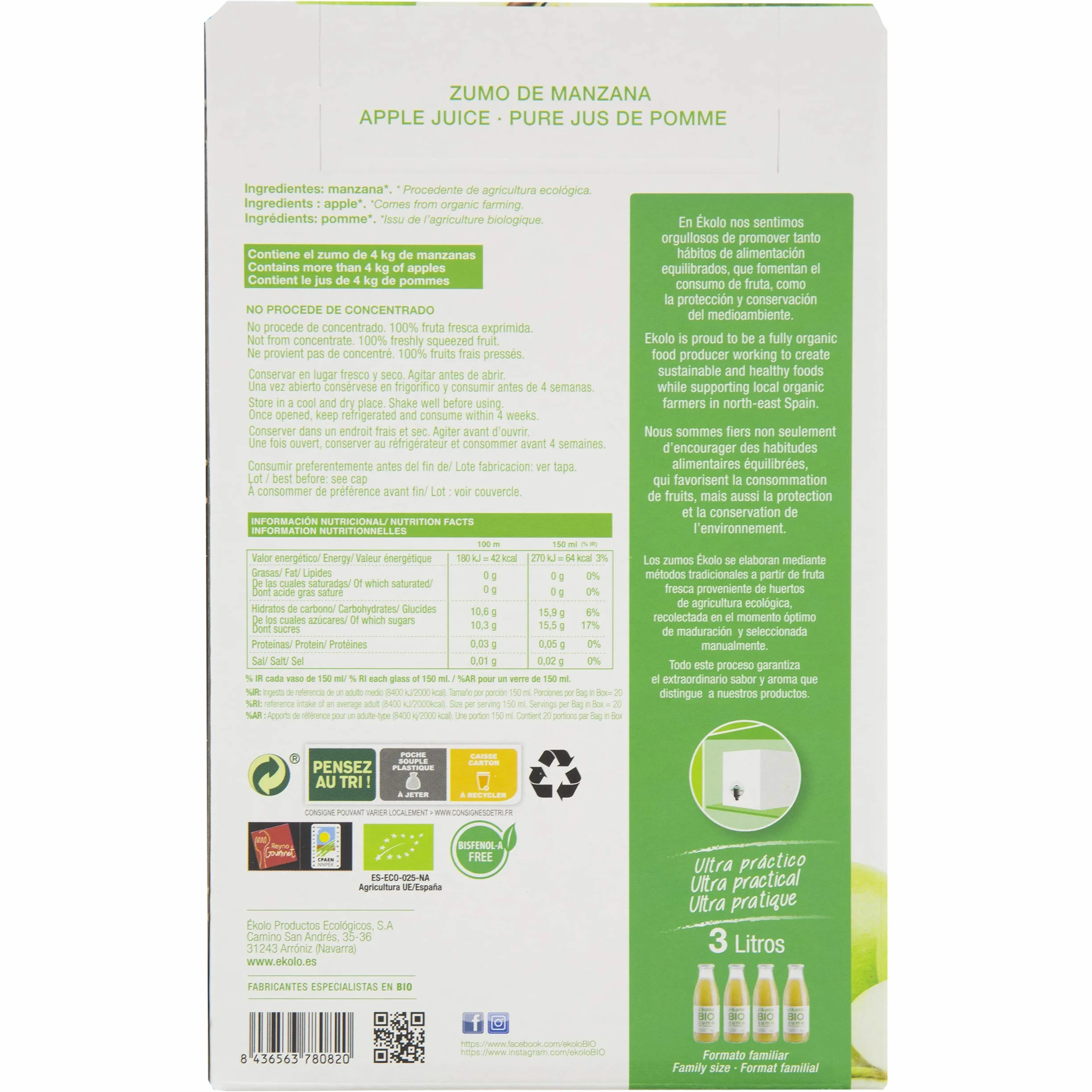 Ekolo Bag in Box Zumo De Manzana Bio 3 L