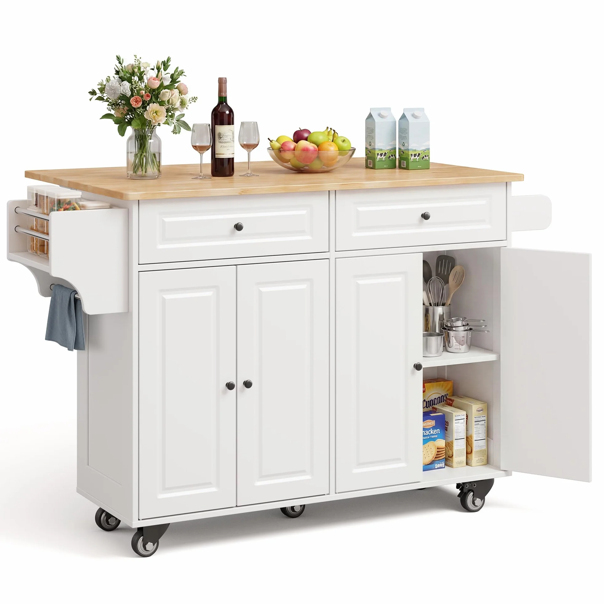 Xbro Isla de Cocina Móvil con Ruedas 145x75x90cm, Carrito Auxiliar Almacenaje, Mueble Moderno Blanco con Encimera y Estanterías para Cocina Comedor (Blanco)