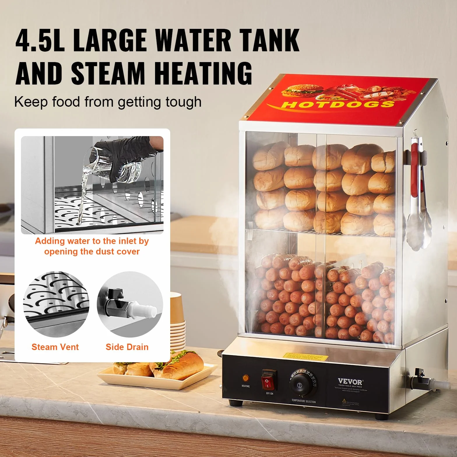 VEVOR Vaporera para Perritos Calientes, 37 L, 2 Niveles, Control de Temperatura de 30 ℃ a 85 ℃, con Puertas Corredizas de Vidrio Templado, Pinzas Placa Divisoria, Acero Inoxidable, 345 x 380 x 640 mm