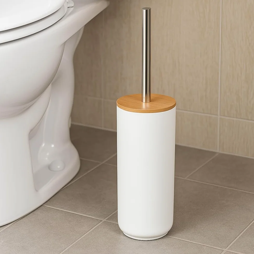 DAMDAM GO - Escobillero Plastico Blanco Palo Acero INOX Tapa Bambu 9,5x40 cm