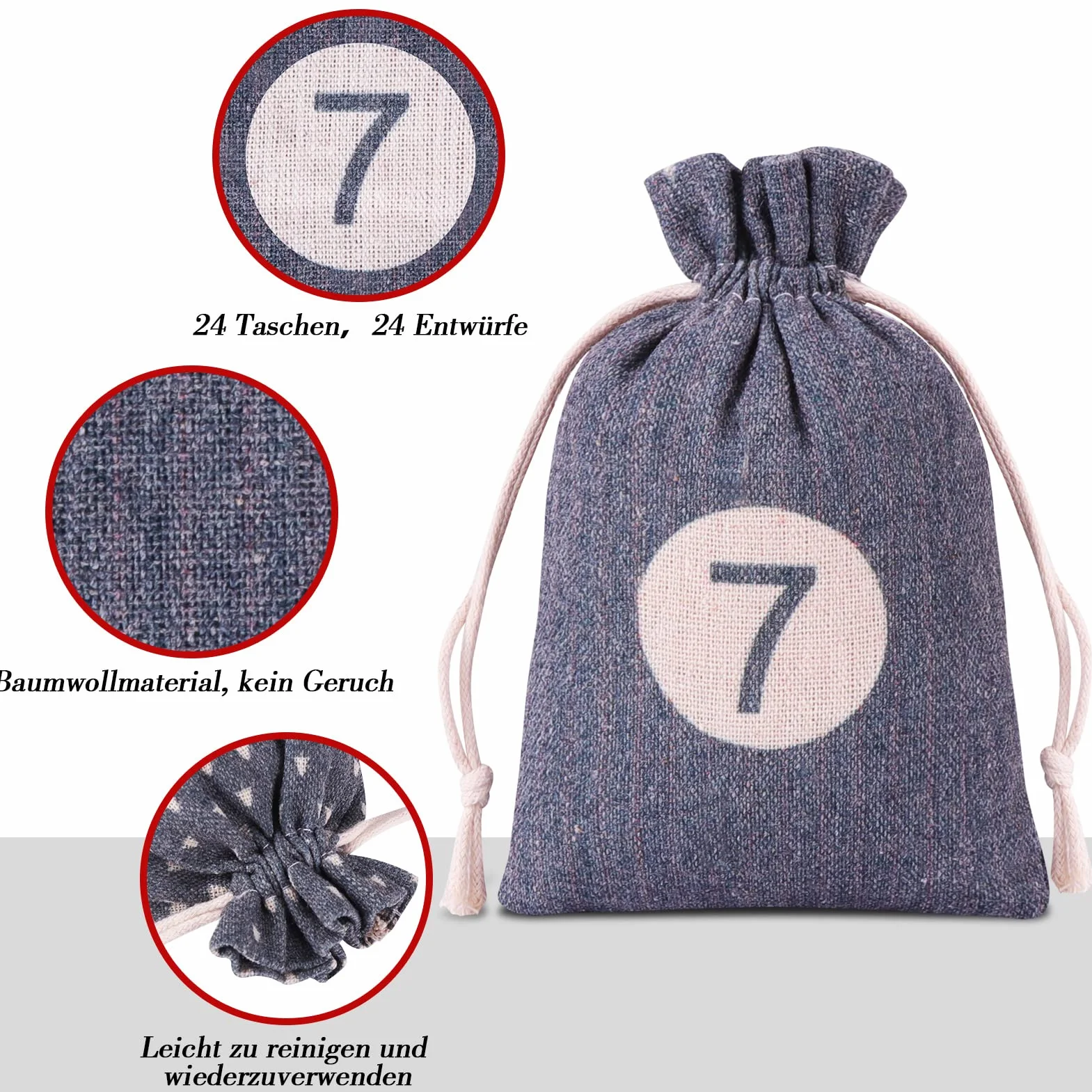 Calendario de Adviento para rellenar, 24 bolsas de tela, autorellenable, juego de manualidades para niños