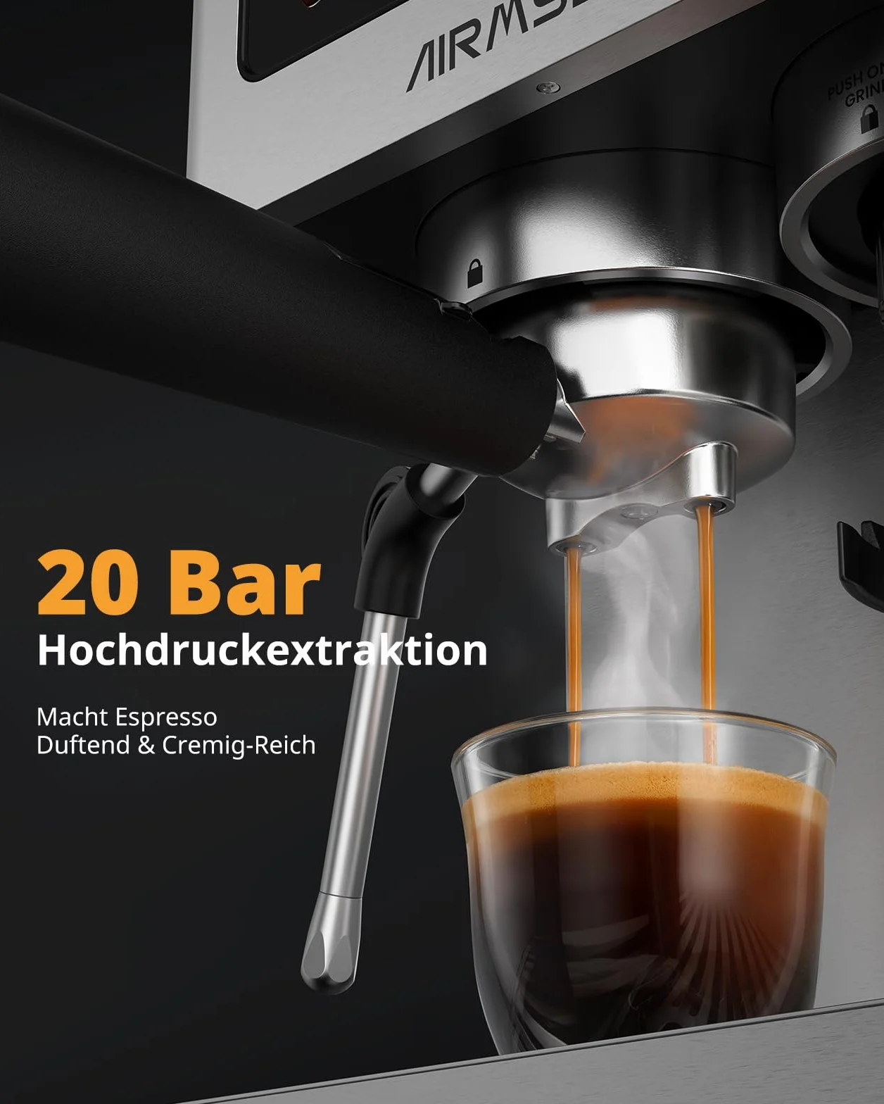 AIRMSEN 20 Bar Cafetera de Café Espresso con Molinillo Cónico y Vaporizador de Leche, Programable, Pantalla Táctil, Fabricada en Acero Inoxidable, 1.8L - Café Cold Brew y Americano, Espresso y Leche