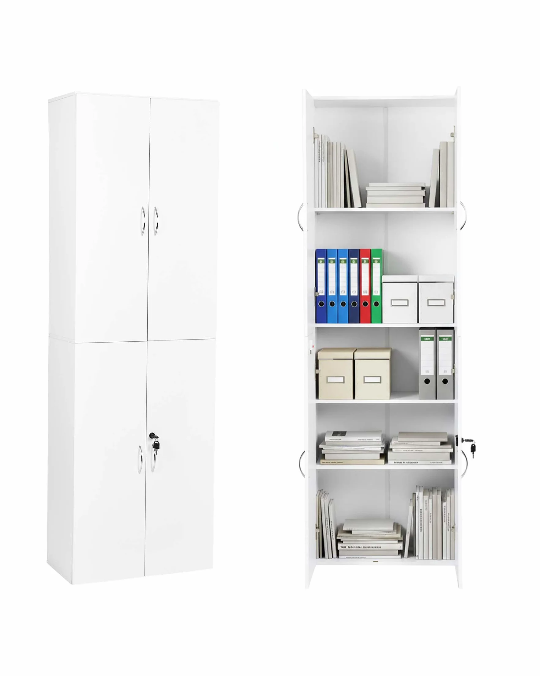Armario archivador con cerradura, armario de oficina blanco con puertas, 58 x 30 x 180 cm, armario multiusos de madera, armario estrecho para oficina, pasillo, armario multiusos moderno