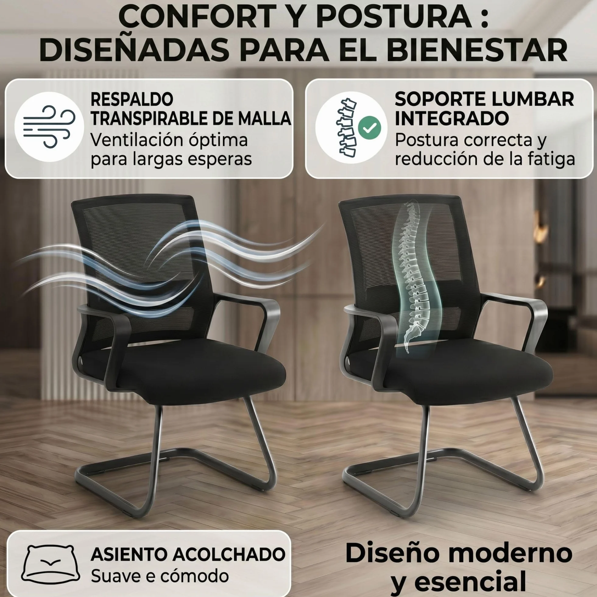 ZIK - Par de sillas para sala de espera, sillas con reposabrazos, cómodas y transpirables para acoger invitados y clientes, para salas de reuniones, sillas acolchadas sin ruedas, sillones para sala de