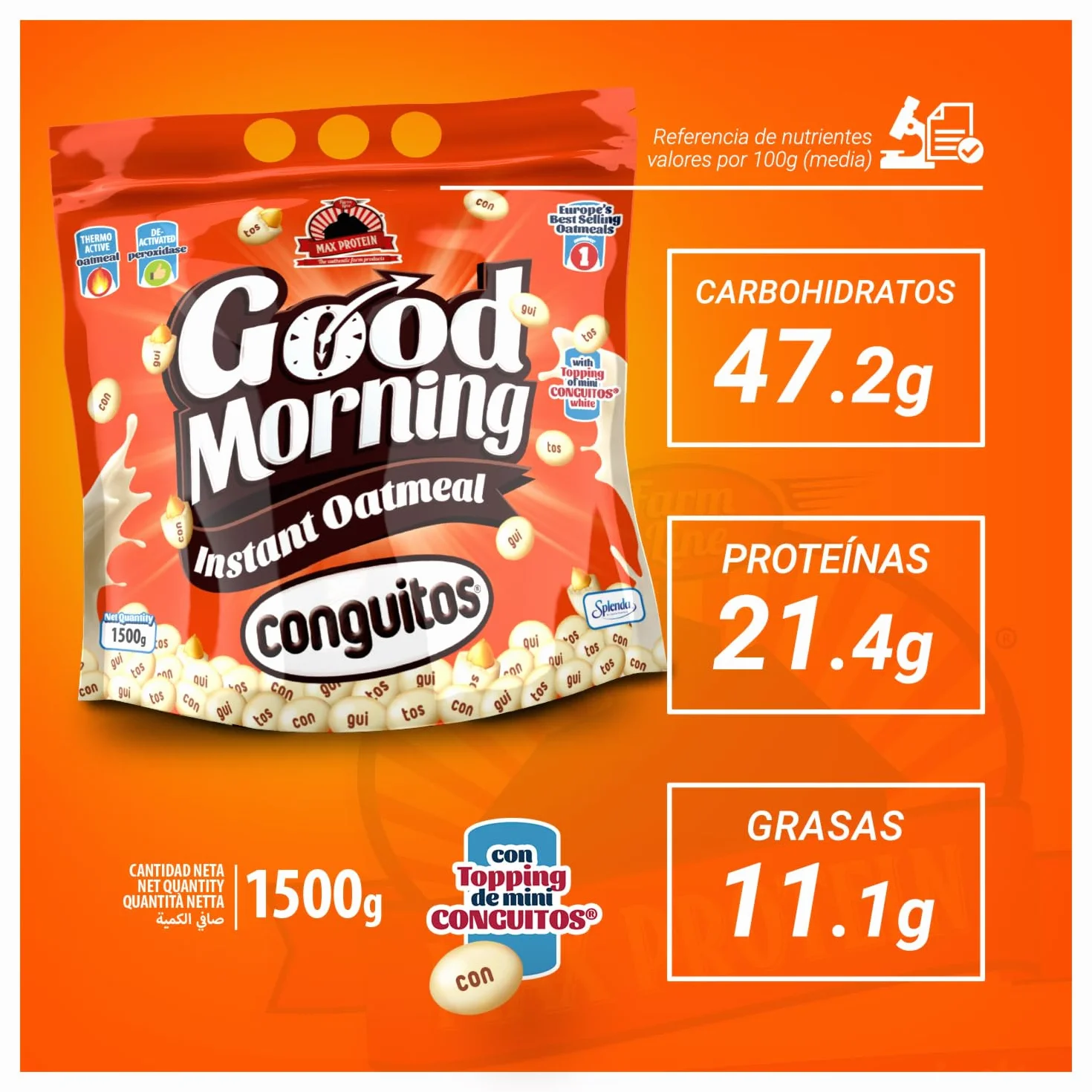 MAX PROTEIN Harina de Avena Sabor Conguitos White con Toppings 1,5 kg Avena en Polvo Proteína para Batidos